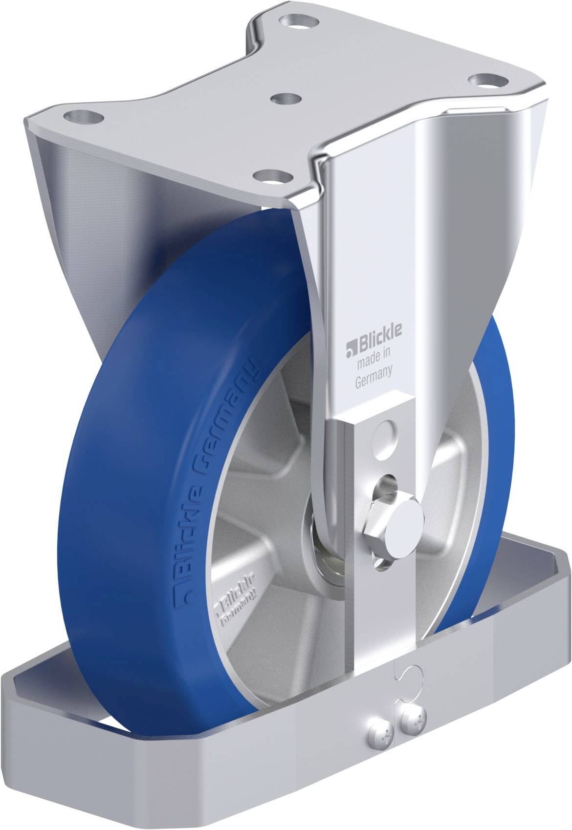 Schwerlastrolle aus Metall mit blauem Gummirad und Halterung. Marke 'Blickle'. Verwendet für industrielle Anwendungen und Transportgeräte.