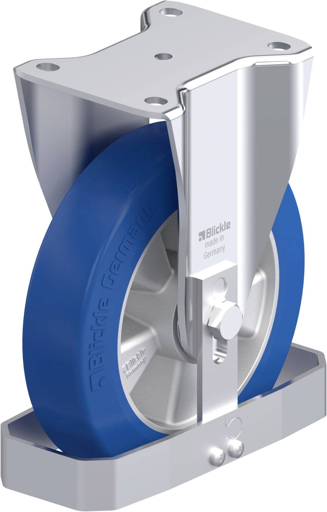 Die Abbildung zeigt ein stabiles Metallgehäuse mit einem blauen Rad darunter. Es handelt sich um eine Industriekomponente.