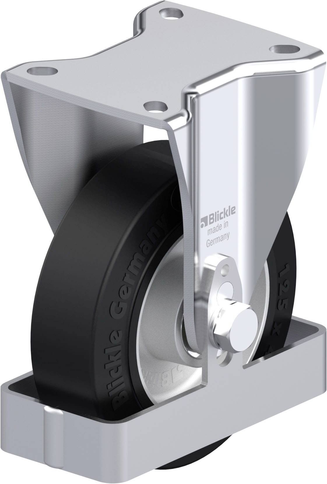 Schwenkrolle aus Metall mit schwarzem Rad; Aufdruck 'Blickle made in Germany'. Wird oft in industriellen Anwendungen verwendet.