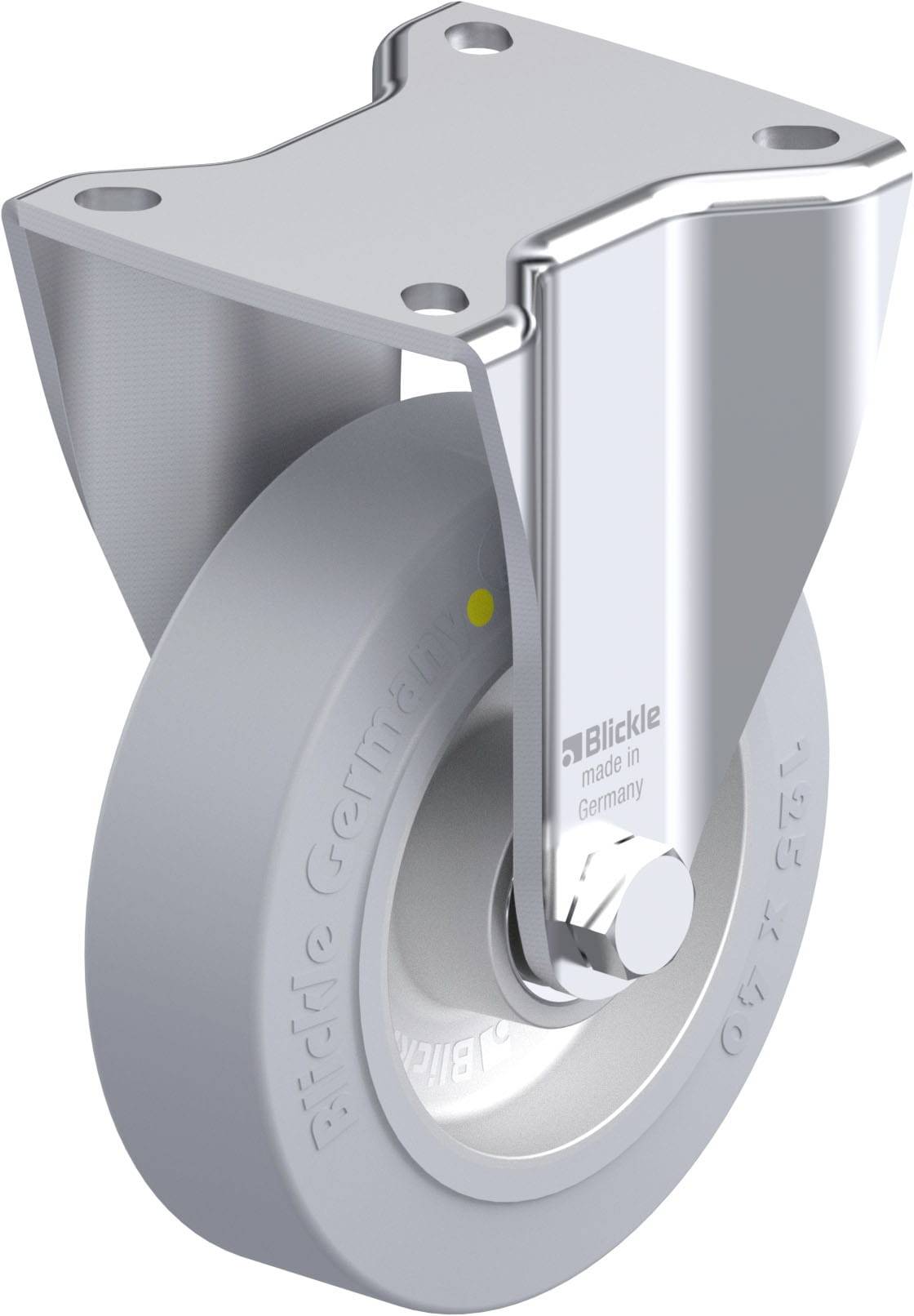 Rolle mit silbernem Metallgehäuse und grauem Rad, beschriftet mit 'Blickle made in Germany'.