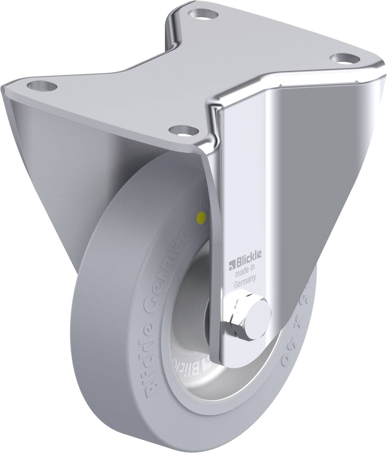Metallisches Lenkrollenrad mit grauem Gummi. Logo 'Blickle' und 'made in Germany'. Verwendet für industrielle Anwendungen.