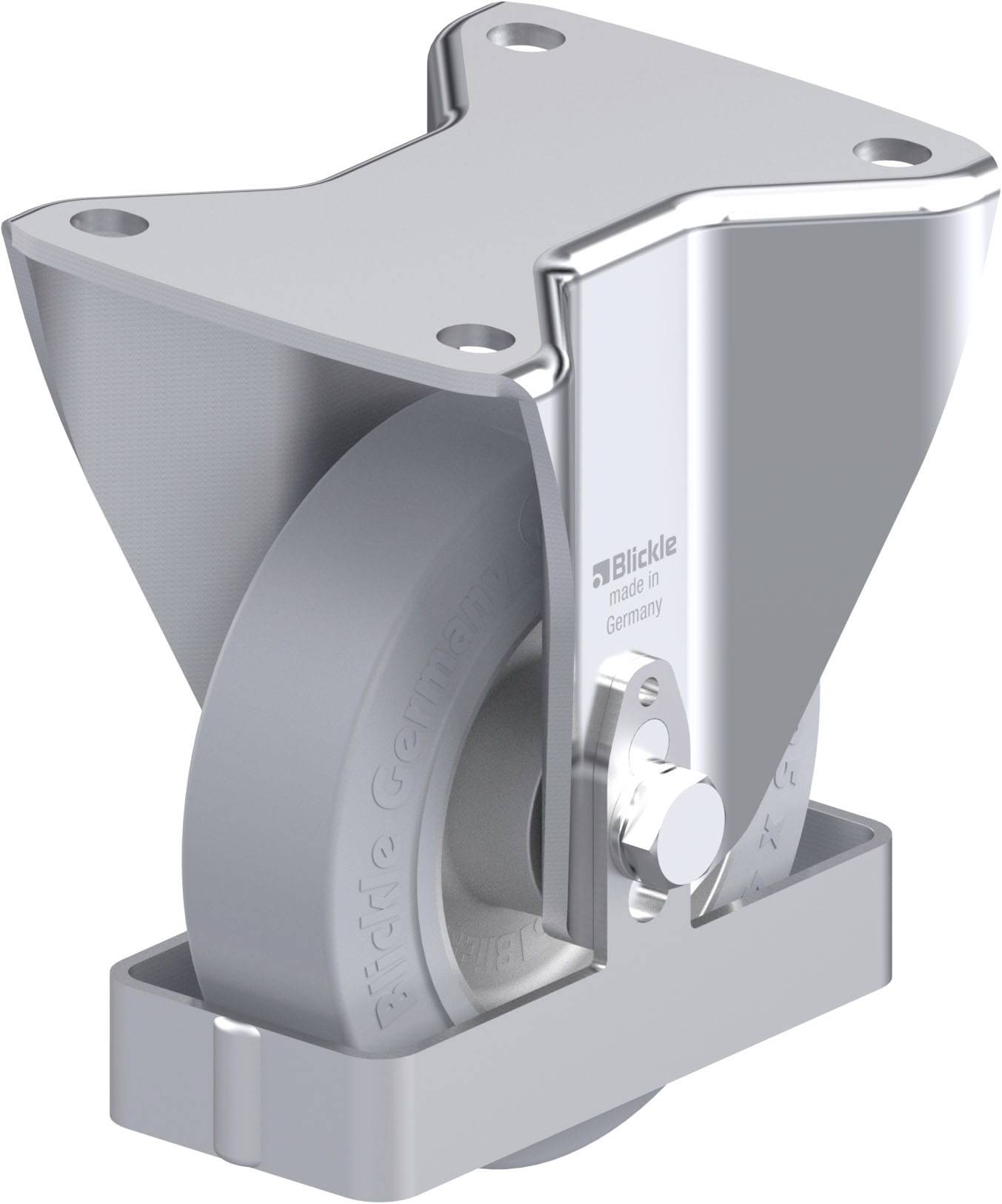 Industrie-Lenkrolle mit Metallgehäuse und grauem Rad. Das Design zeigt eine robuste Konstruktion für schwere Lasten.