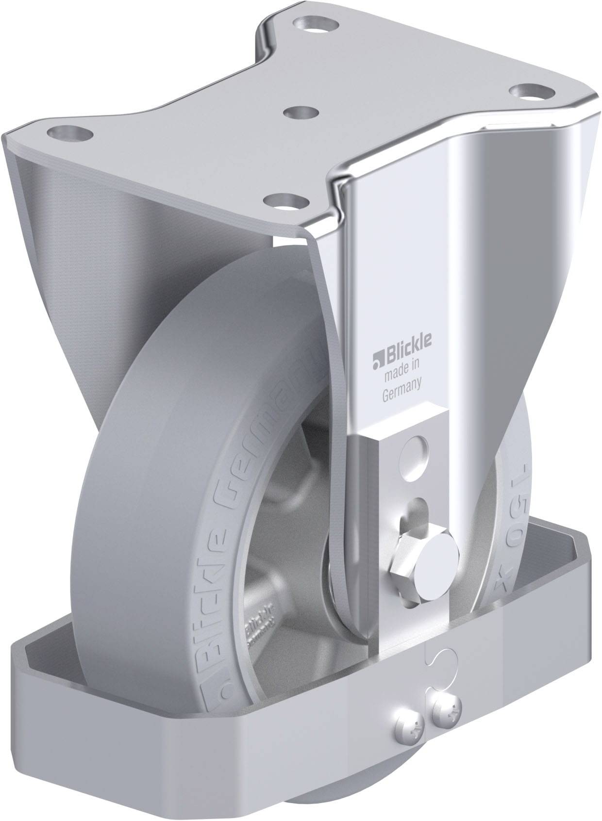 Stabile Bockrolle aus Metall und Kunststoff, geeignet für industrielle Anwendungen. Enthält eine Montageplatte zur Befestigung.