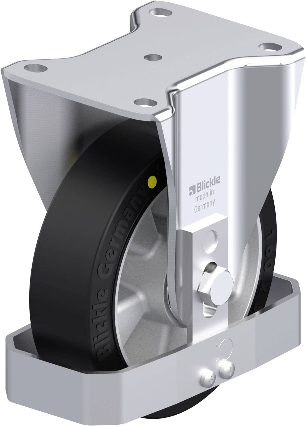 Hochbelastbares Industrierad mit Metallgehäuse und Gummirad, geeignet für schwere Geräte und Maschinen, Markenlogo 'Blickle' sichtbar.