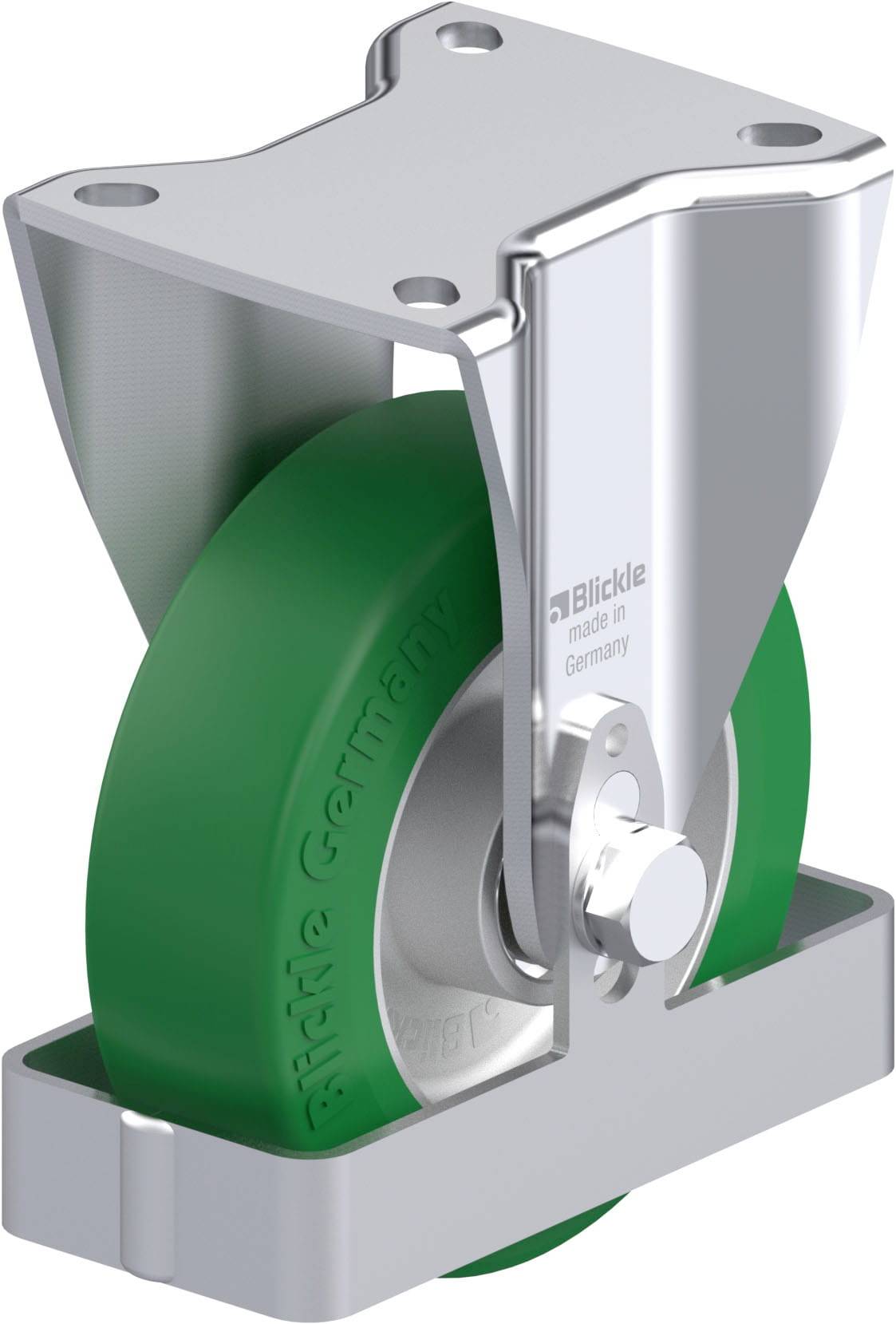 Ein robustes Schwerlast-Lenkrollenrad aus silbernem Metall mit grünem Rad, hergestellt von einem deutschen Hersteller.