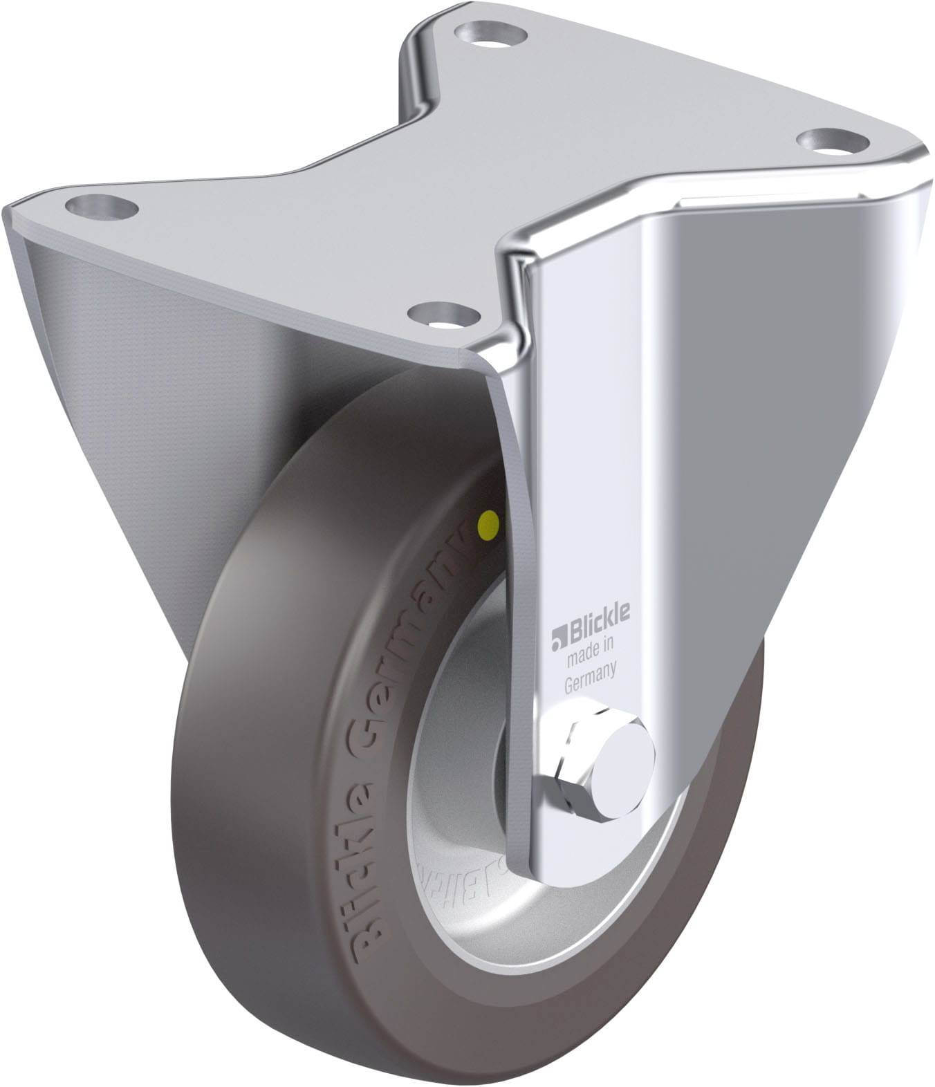 Lenkrolle aus Metall mit grauem Rad, ausgestattet für industrielle Anwendungen. Aufschrift: 'Blickle made in Germany'.