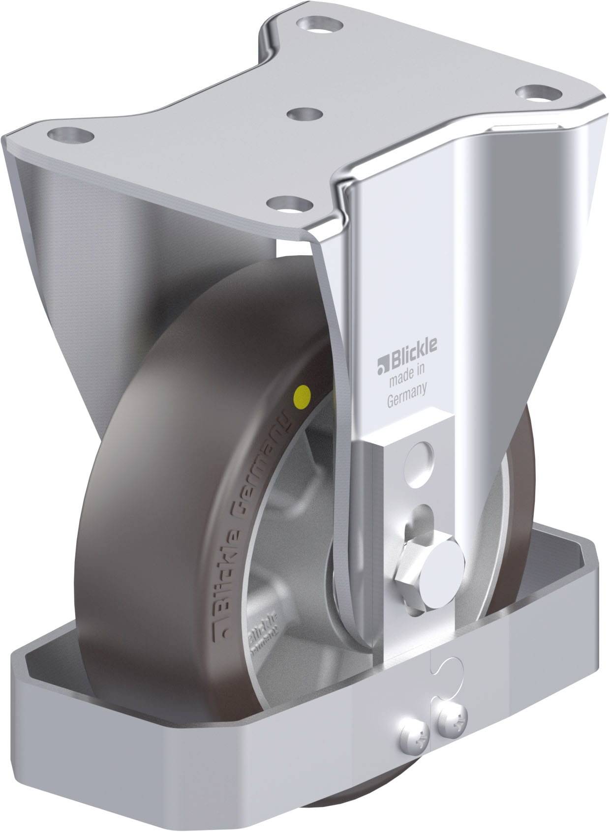 Gebremstes Schwerlast-Drehrad aus Metall, geeignet für Industrieanwendungen.