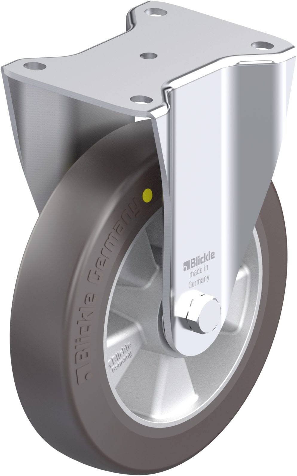 Industrie-Rolle aus Metall mit einem braunen Gummirad. Die Halterung ist glänzend mit der Aufschrift 'Blickle made in Germany'.