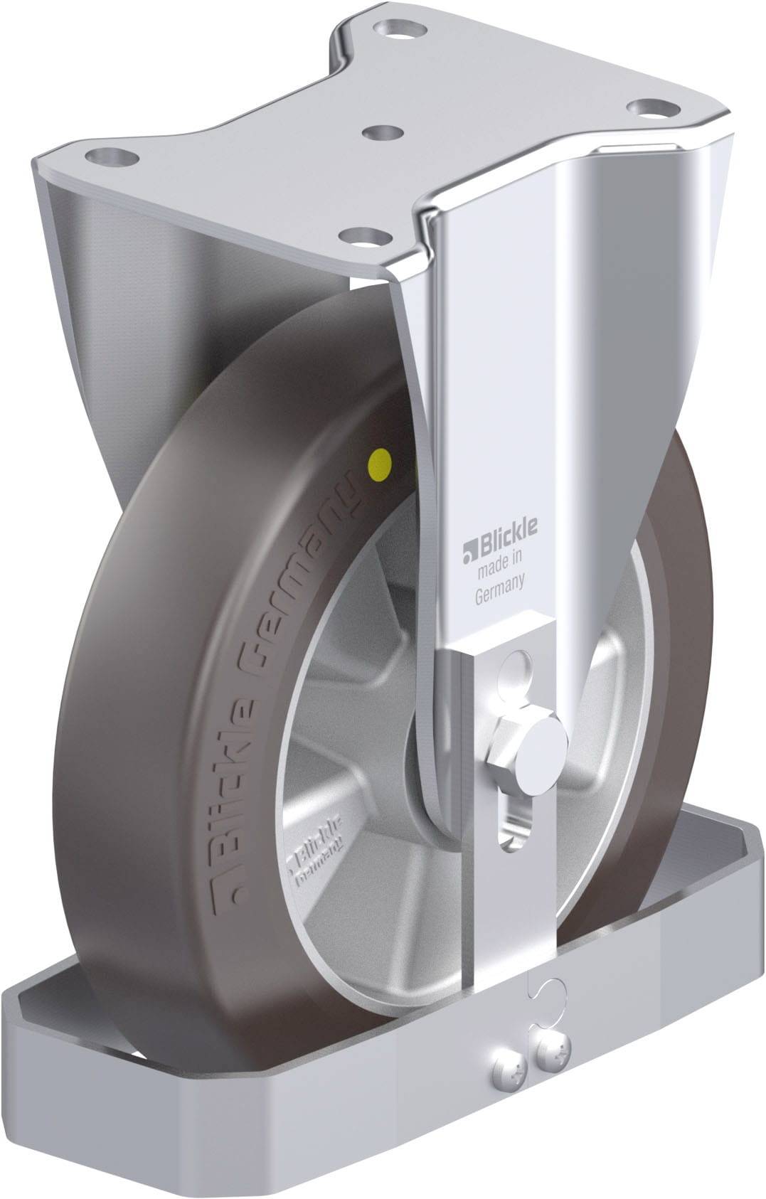 Schwenkrolle mit Metallgehäuse und gummiertem Rad, robust für industrielle Anwendungen.
