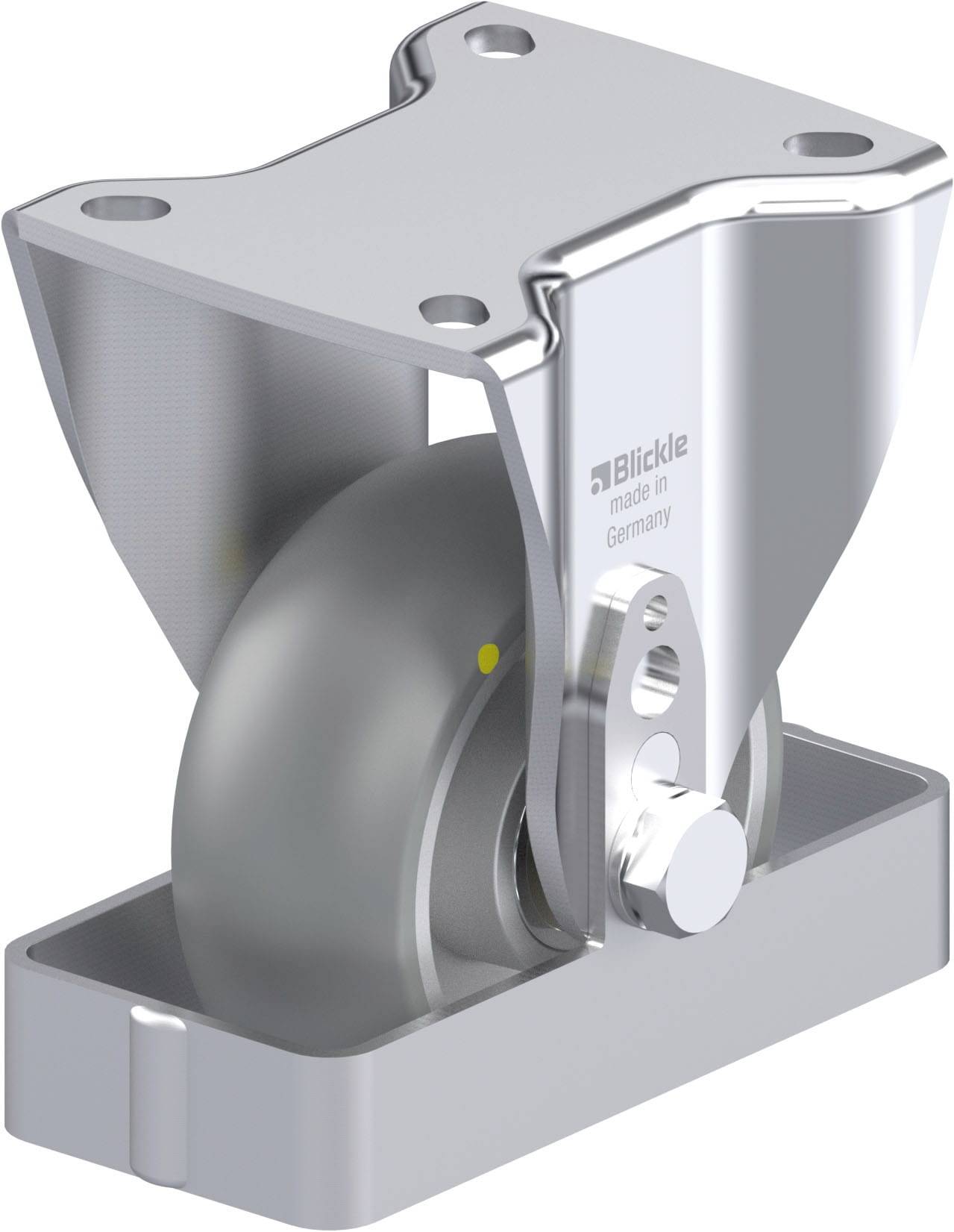 Metallrolle mit schwenkbarer Halterung. Markierung 'Blickle made in Germany'. Verwendet für Möbel oder Transportgeräte.