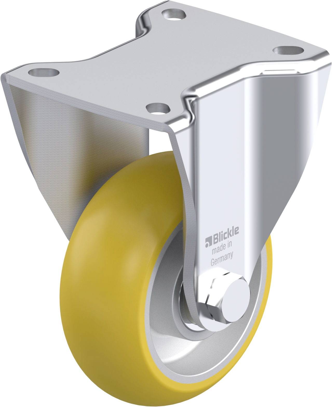 Ein gelbes Lenkrolle-Rad mit einer Metallhalterung und der Aufschrift 'Blickle made in Germany'.