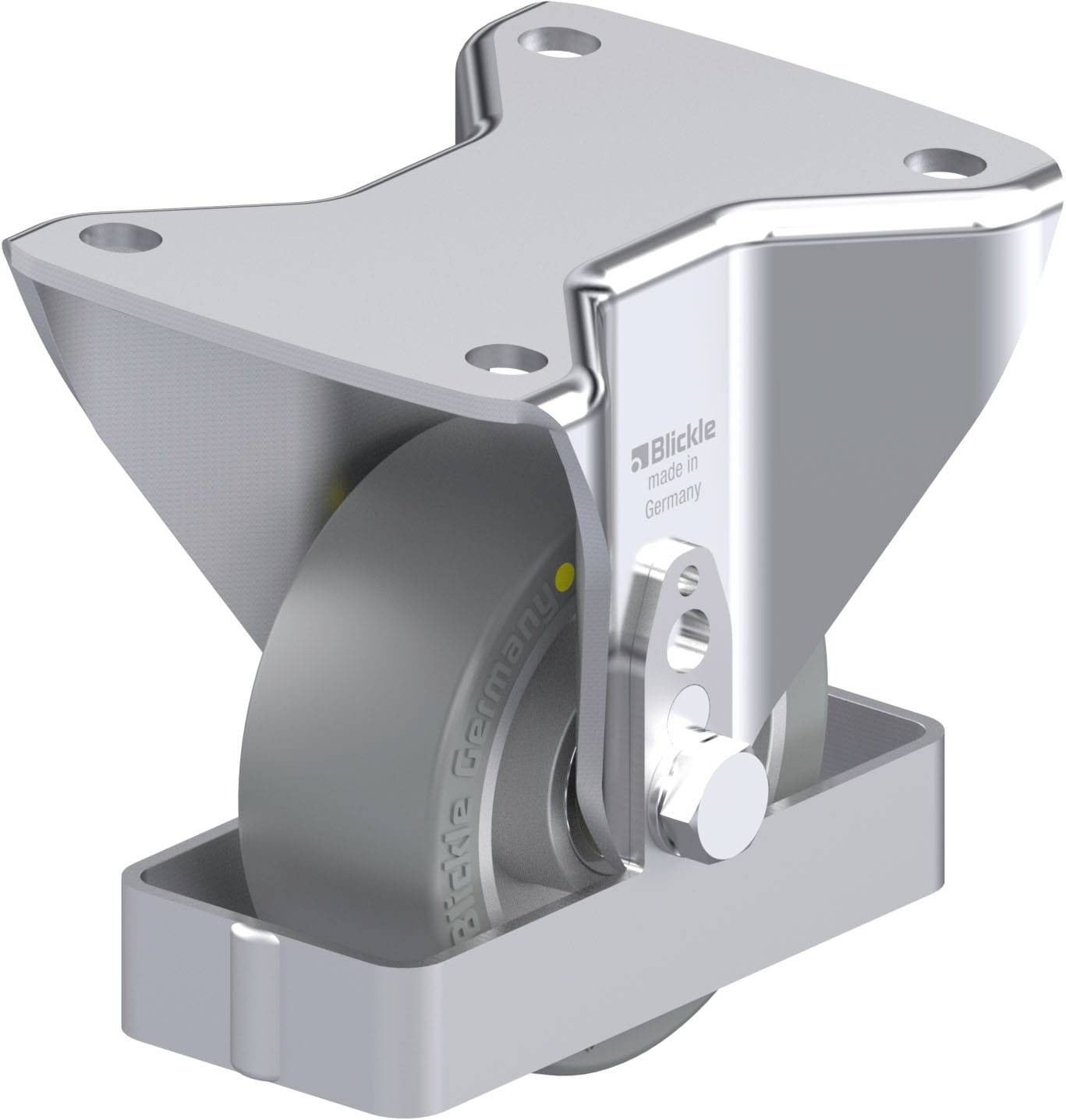 Ein silbernes Lenkrollen-Gestell aus Metall mit integrierter Rolle. Geeignet für industriellen Einsatz, robust und langlebig.