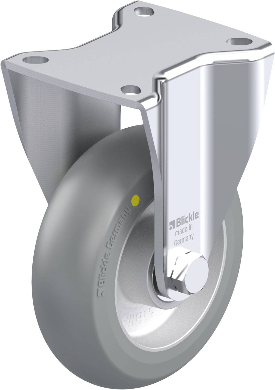 Industrielles Schwenkrad aus Metall und Gummi, hergestellt von Blickle, geeignet für schwere Lasten in Lager- und Transportumgebungen.