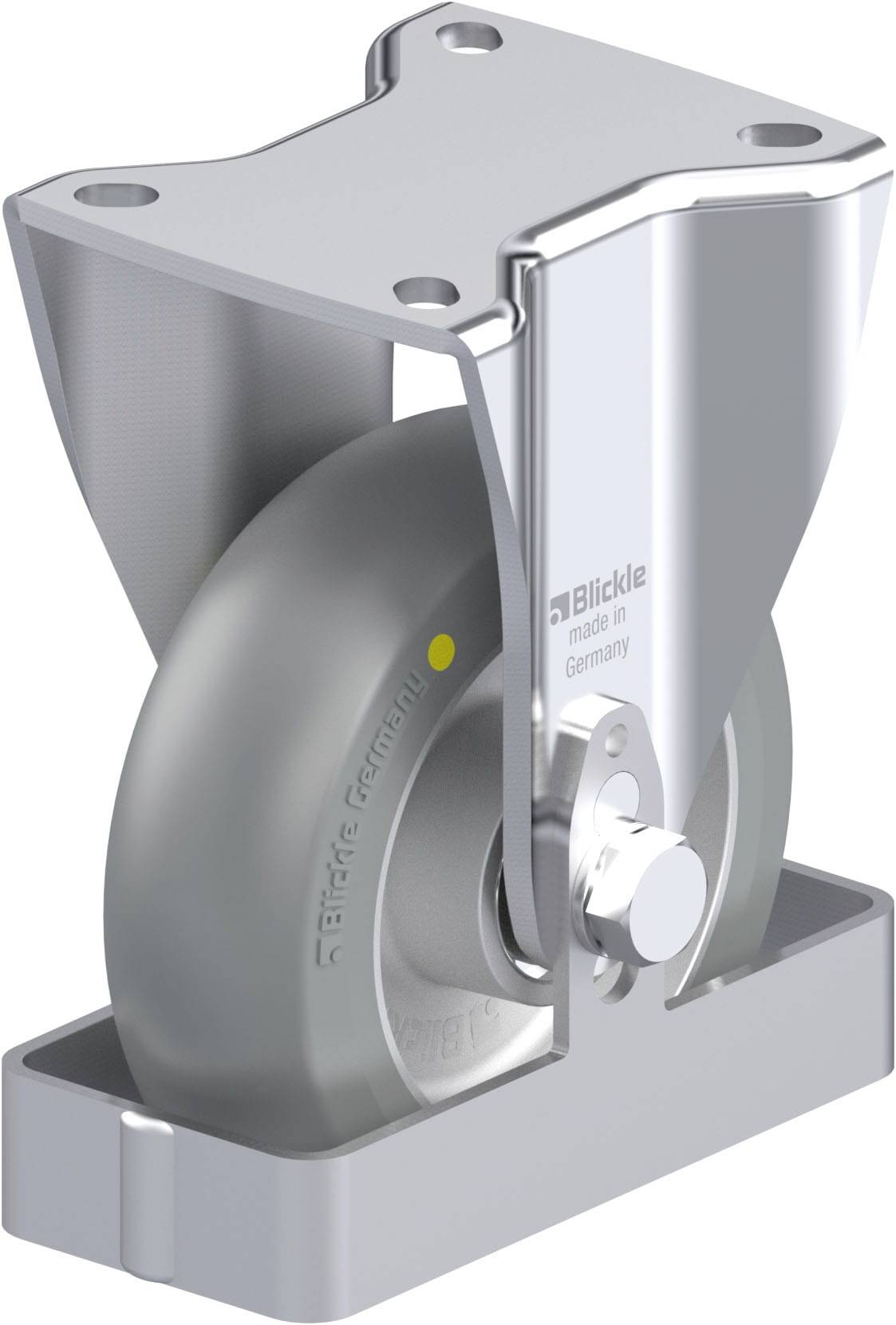 Ein schwenkbares Metallrad mit silbernem Gehäuse, geeignet für den Einsatz an Transportgeräten. Markiert mit 'Blickle made in Germany'.