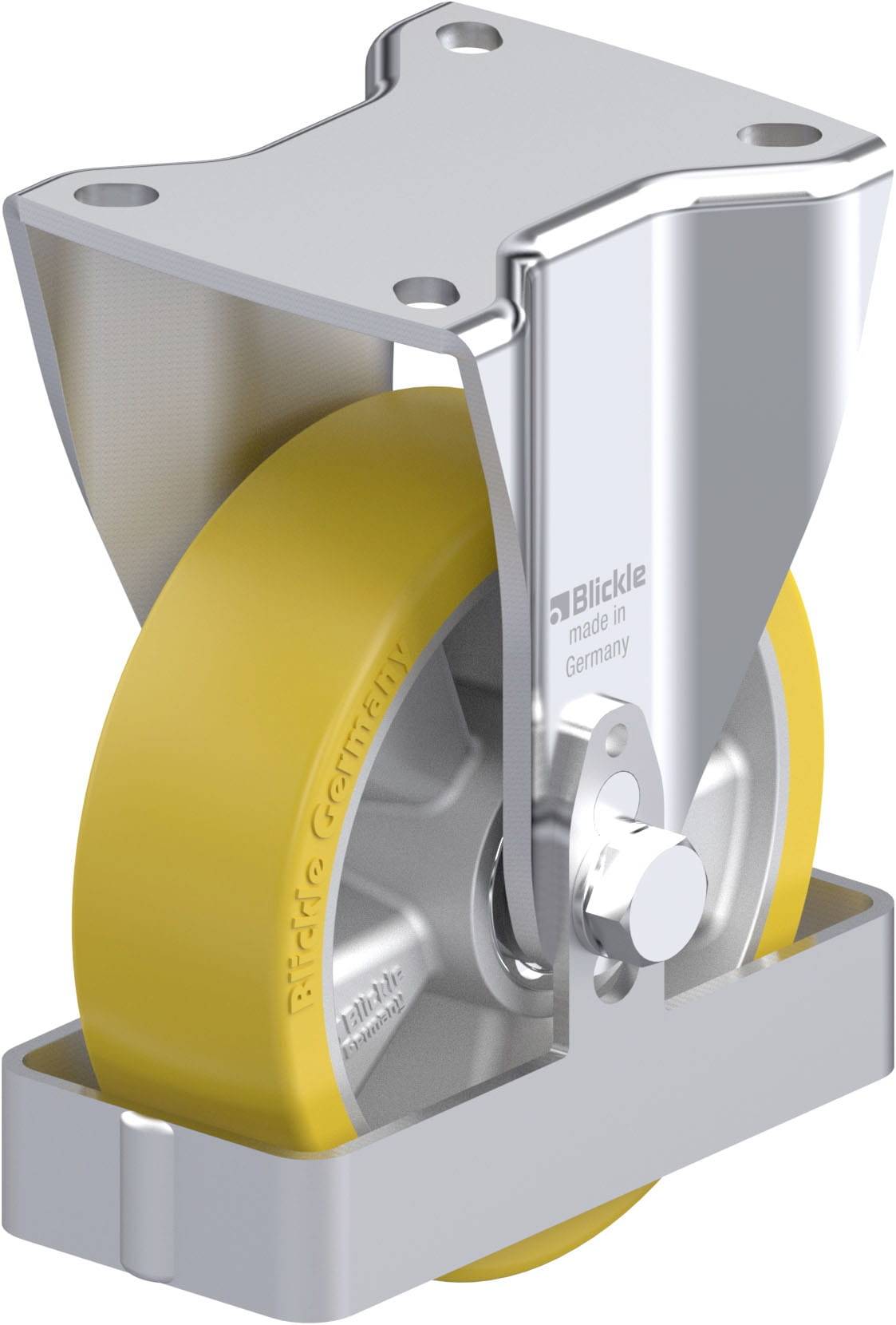 Metallisches Schwenkrad mit gelbem Rad, Aufschrift 'Blickle made in Germany'. Verwendung in industriellen Anwendungen.