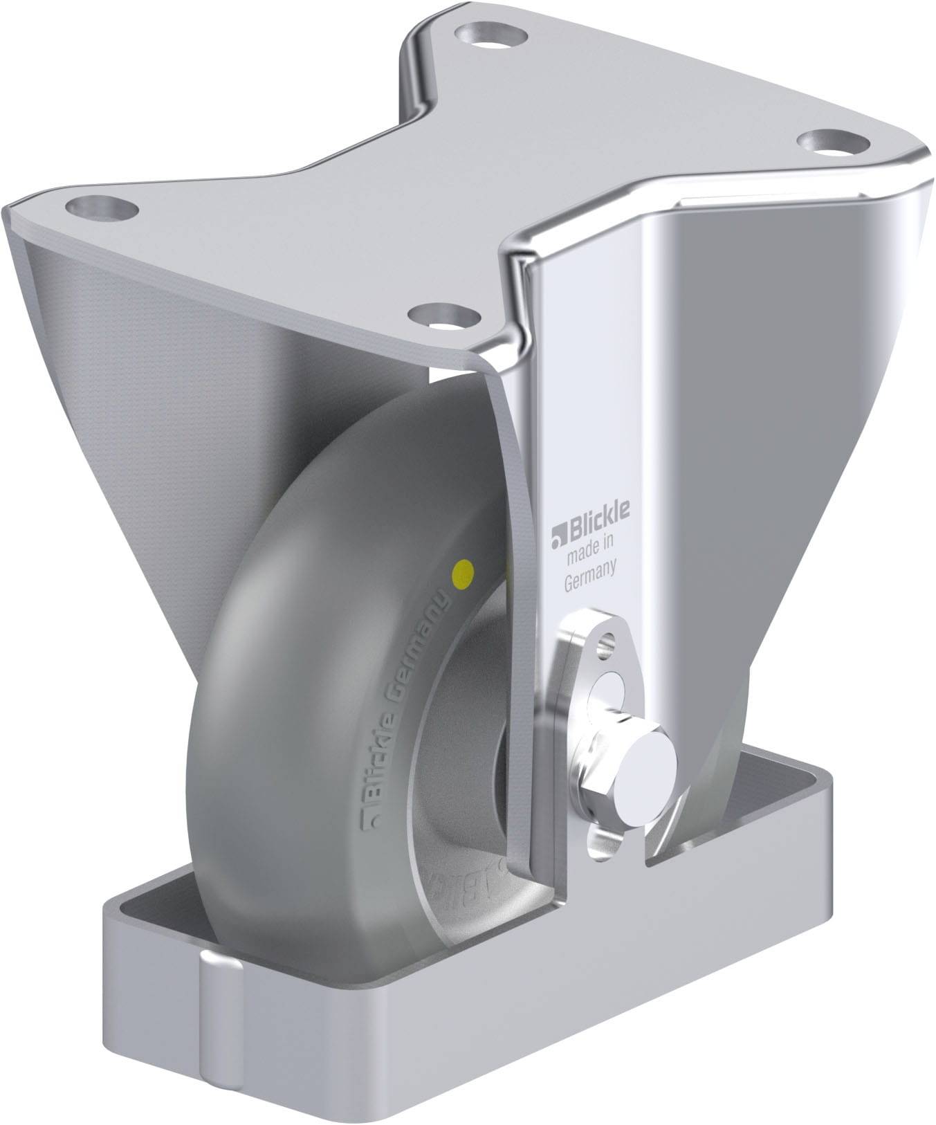 Metallrolle mit Halterung, designed für industrielle Anwendungen. Die Rolle ist robust und hält schwere Lasten.