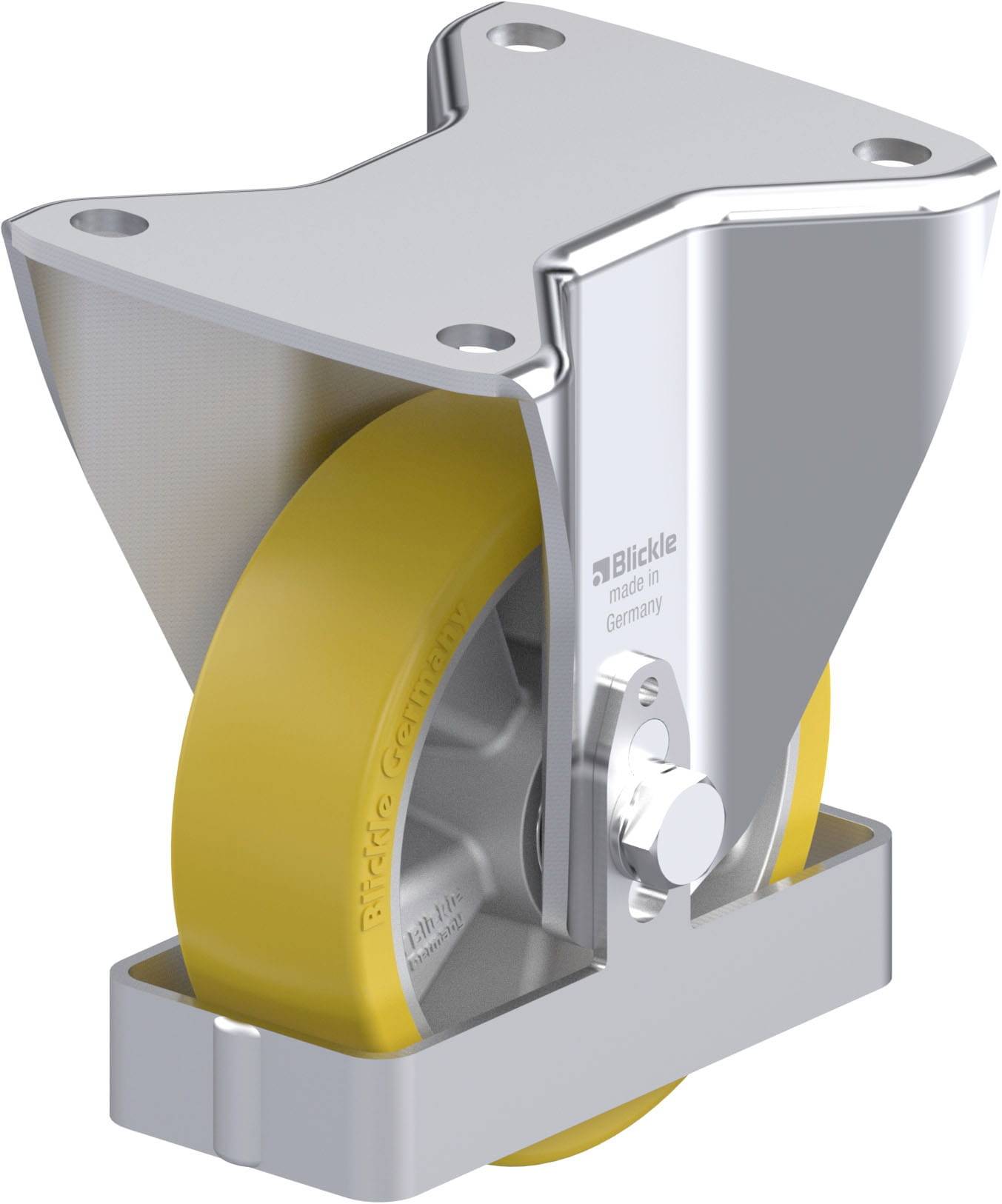 Industrielle Lenkrolle mit gelbem Rad und robustem Metallgehäuse, geeignet für den Einsatz bei schweren Lasten.