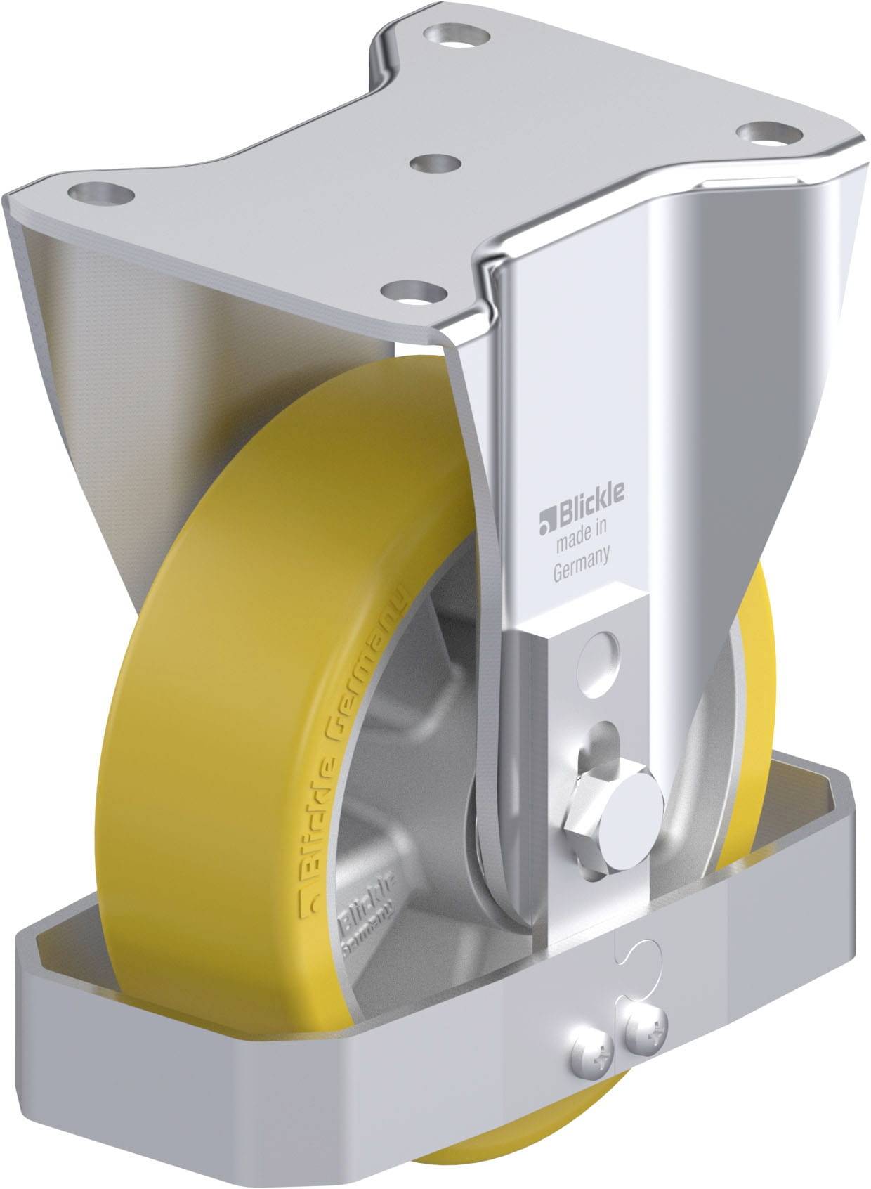 Industrie-Schwerlastrad mit gelbem Polyurethan-Rad und silbernem Gehäuse, geeignet für Maschinen oder Transportwagen.