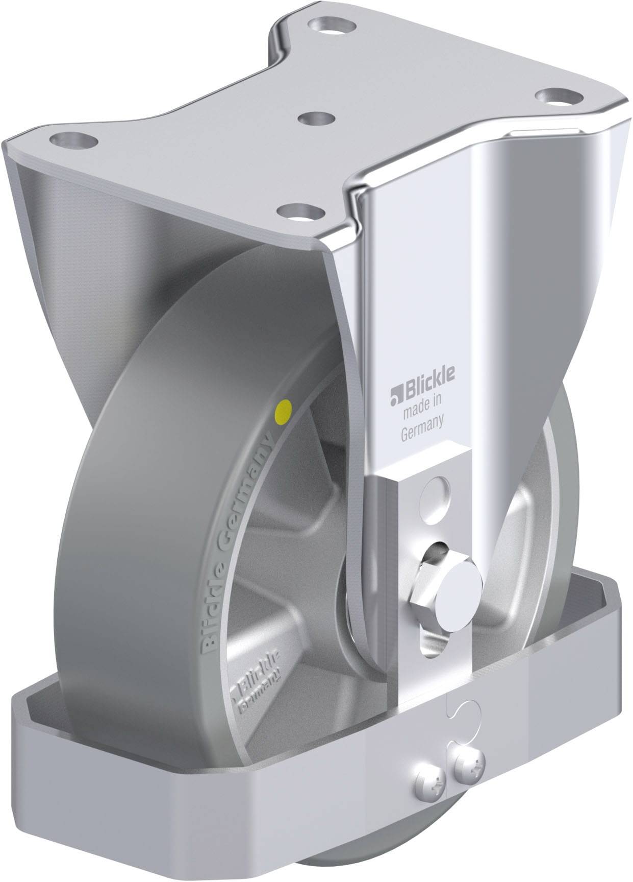 Industrie-Rollenrolle mit Metallgehäuse, silberfarben, aus Stahl gefertigt, mit Aufschrift 'Blickle made in Germany' auf der Seite.