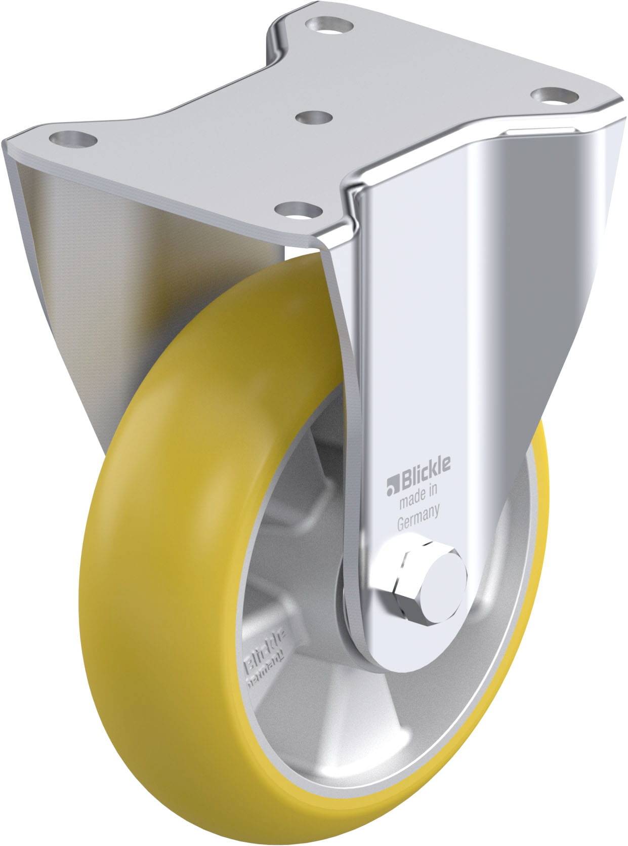 Rolle mit gelbem Rad und metallischer Halterung, robuste Bauweise. Markenname und 'made in Germany' Gravur auf der Halterung.