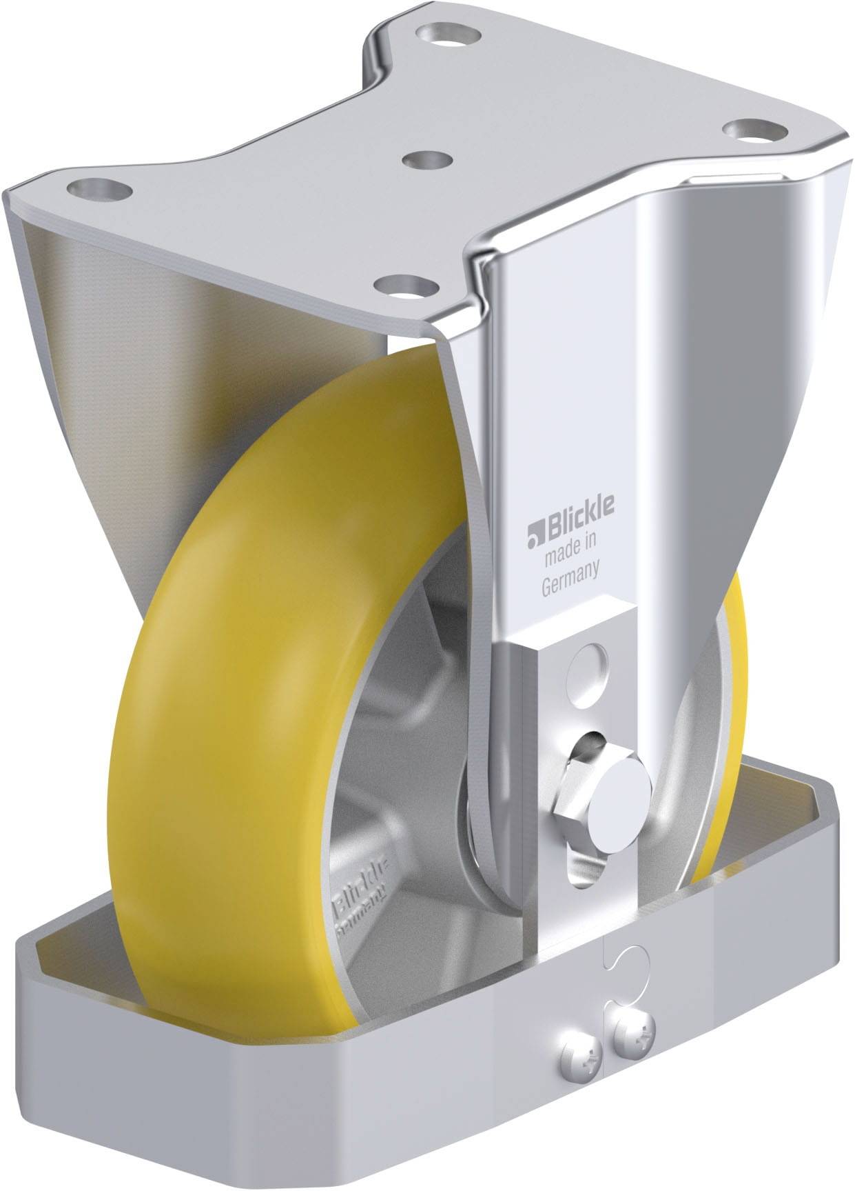 Ein Metalllenkrollen mit gelbem Gummirad und Befestigungsplatte. Aufdruck 'Blickle made in Germany'. Geeignet für Wagen oder Maschinen.