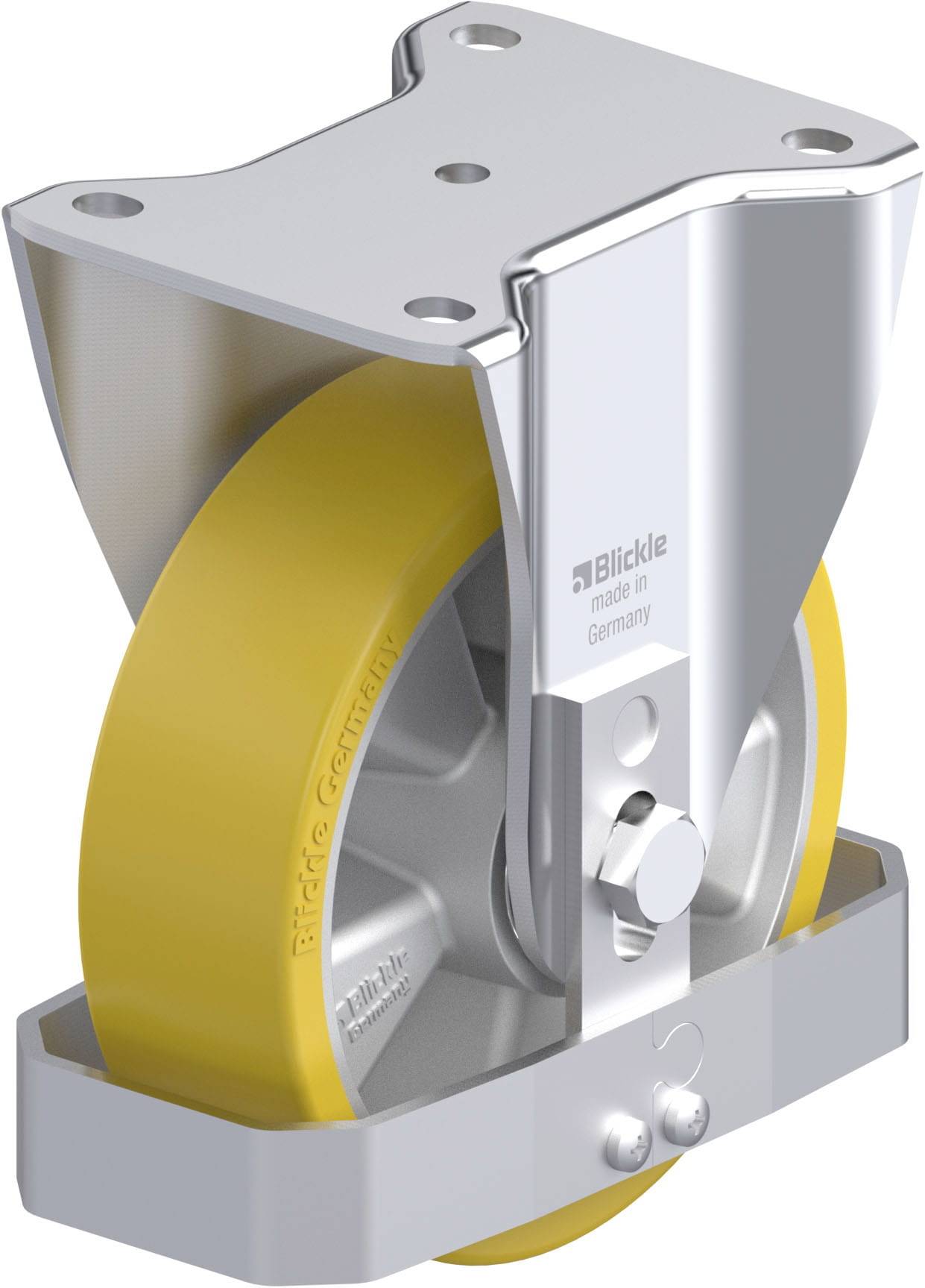 Ein Industriefahrwerk aus Metall mit gelbem Rad, geeignet für schwere Lasten, mit 'Blickle' Aufschrift, hergestellt in Deutschland.