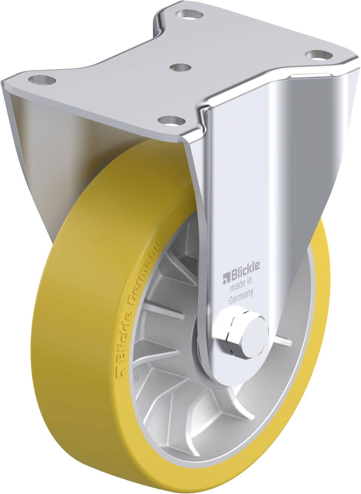 Industrie-Schwenkrolle mit gelbem Rad und silbernem Gehäuse, vermutlich für Transportwagen oder Maschinen, Aufschrift 'Blickle made in Germany'.