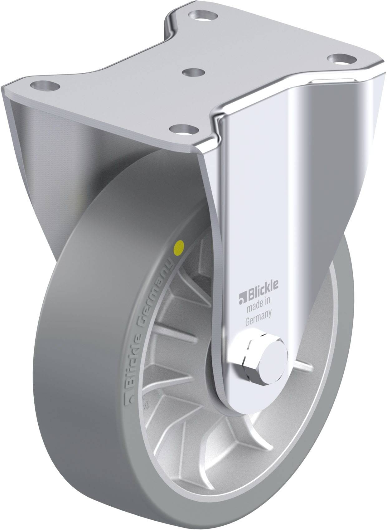 Metallrolle mit Gehäuse, glatt graues Rad und Beschriftung 'Blickle made in Germany'. Solide Konstruktion für industrielle Anwendungen.