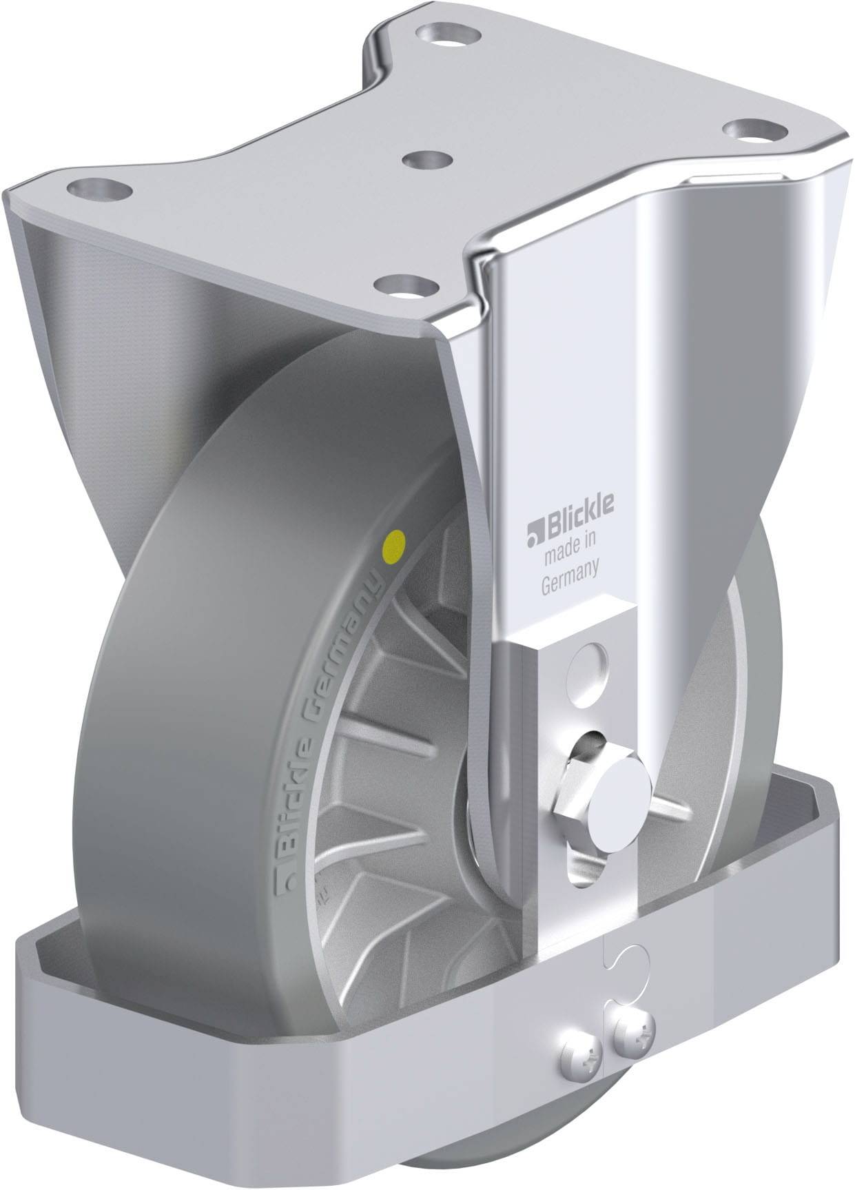 Schwerlastrolle aus Metall mit grauem Rad und Halterung. Rad mit seitlichem Schriftzug 'Blickle' und 'made in Germany'.