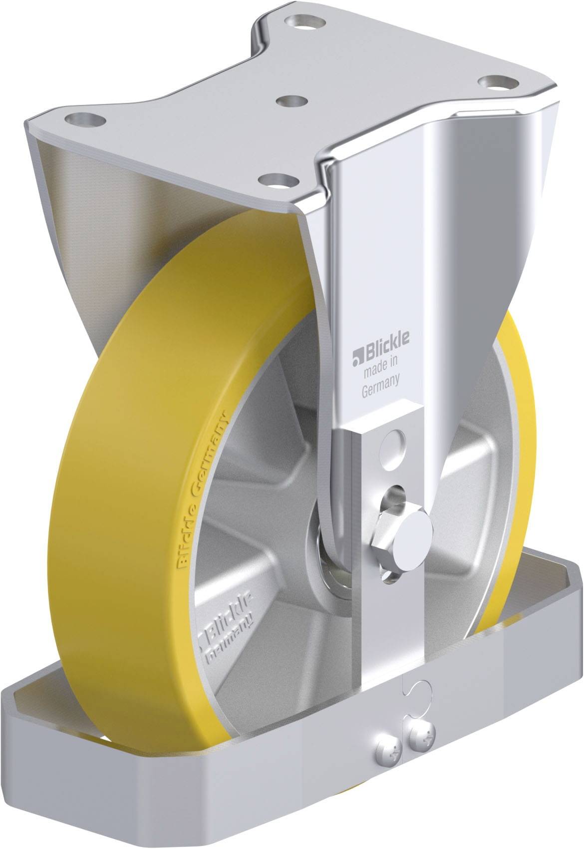 Rolle mit gelbem Rad und silberner Halterung, markiert mit 'Blickle', wahrscheinlich ein Industriellen-Lenkrolle für schwere Lasten.