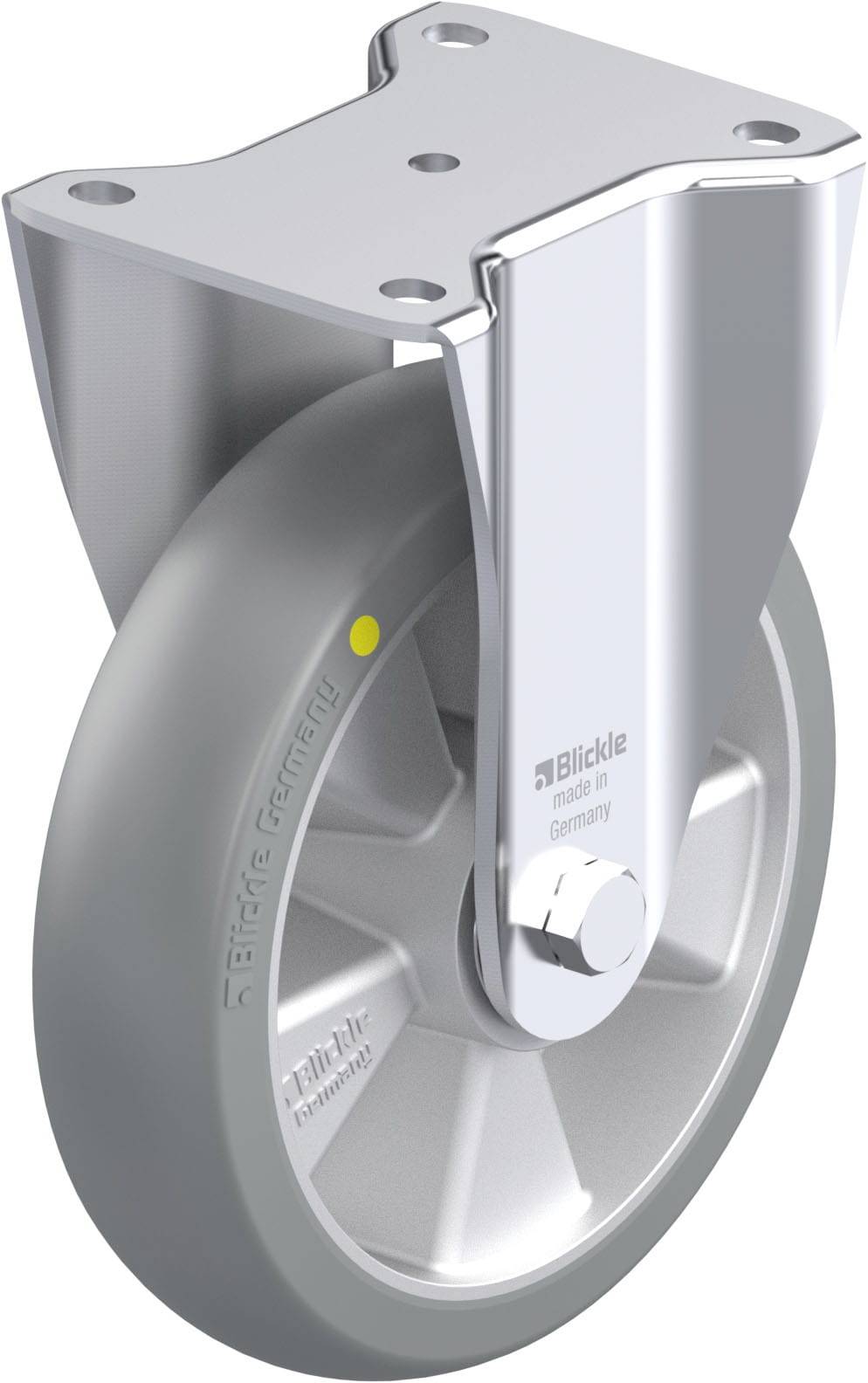 Industrie-Lenkrolle aus Metall mit grauem Rad und Halterung, geeignet für schwere Lasten. Herstellerkennzeichnung 'Blickle'.