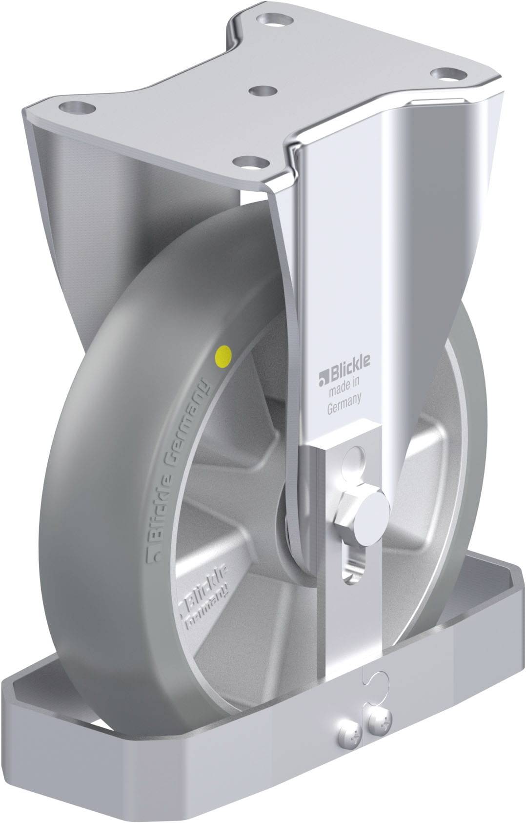 Industrie-Schwenkrolle aus Metall mit grauem Rad und Metallhalterung. Geeignet für den Einsatz in Produktionsumgebungen.