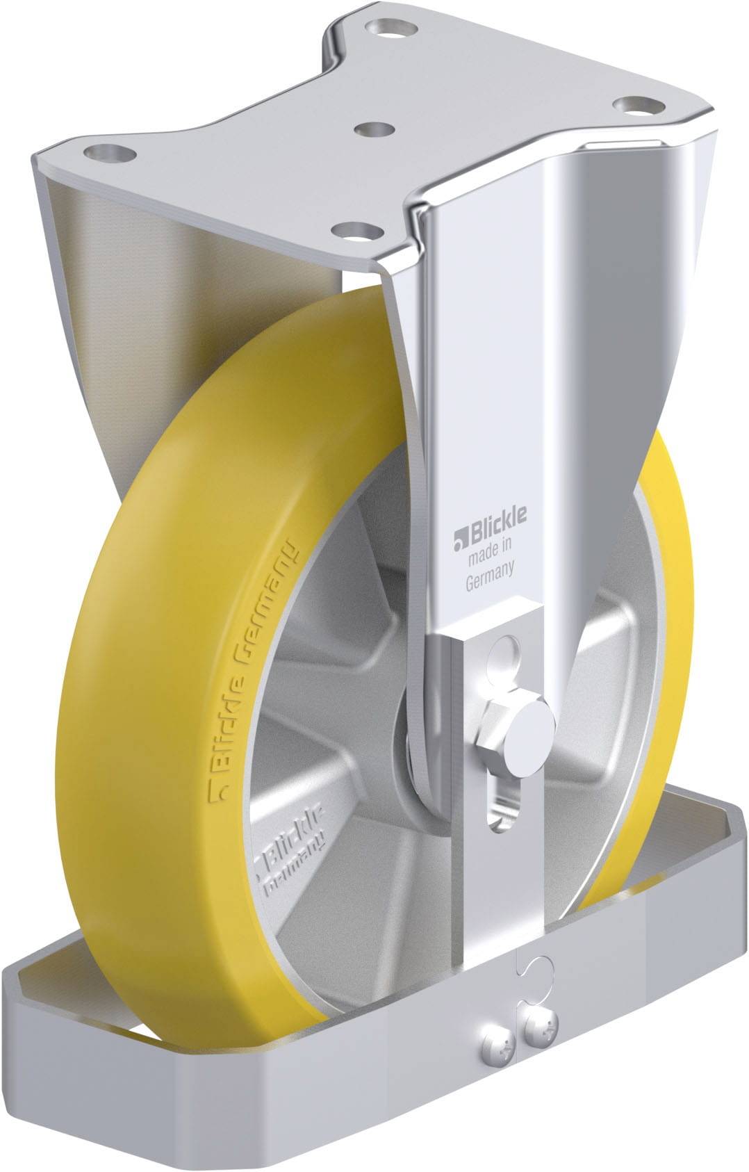 Grau-gelbes Rad mit Halterung, Aufschrift 'Blickle', robustes Design für Transportgeräte.