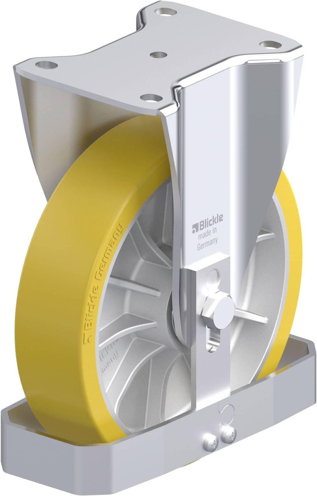 Industrie-Schwenkrolle mit gelbem Polyurethanrad und silbernem Metallgehäuse für schwere Lasten.