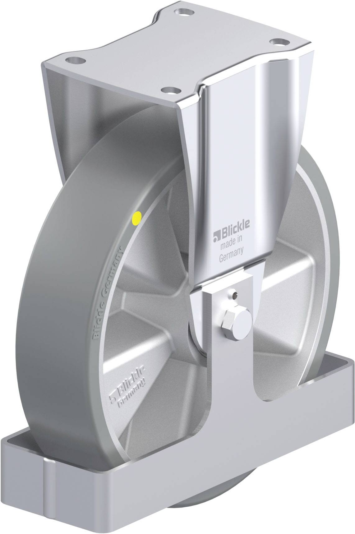 Industrie-Rad mit Metallhalterung, Firmenlogo und 'made in Germany' Aufschrift. Hauptsächlich für schwere Lasten geeignet.