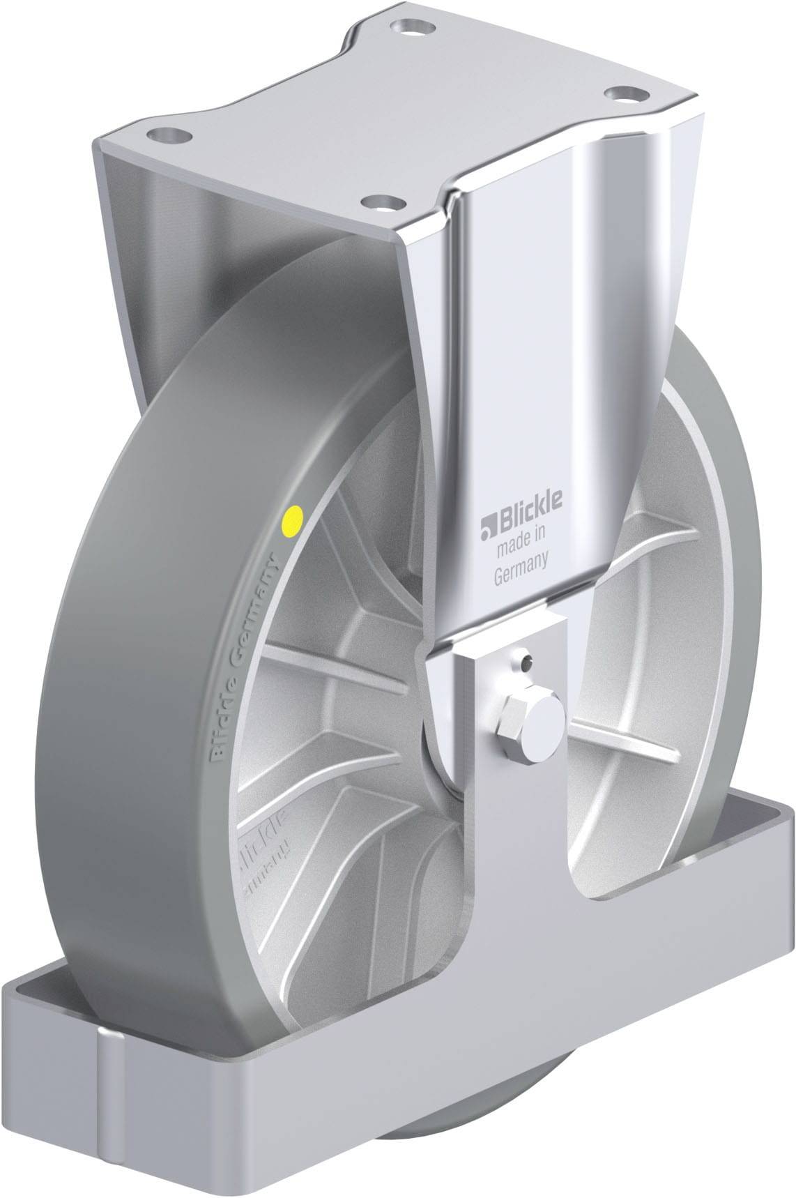 Rolle mit Metallgehäuse, geeignet für Schwerlastanwendungen; hervorstechend ist das robuste Design und die langlebige Bauweise.
