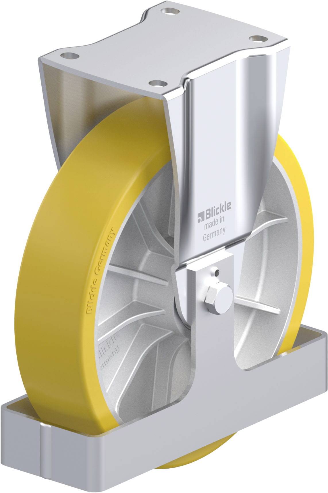 Industrie-Rolle aus Metall mit gelbem Rad und Halterung, beschriftet mit 'Blickle Made in Germany', robustes Design für schwere Lasten.