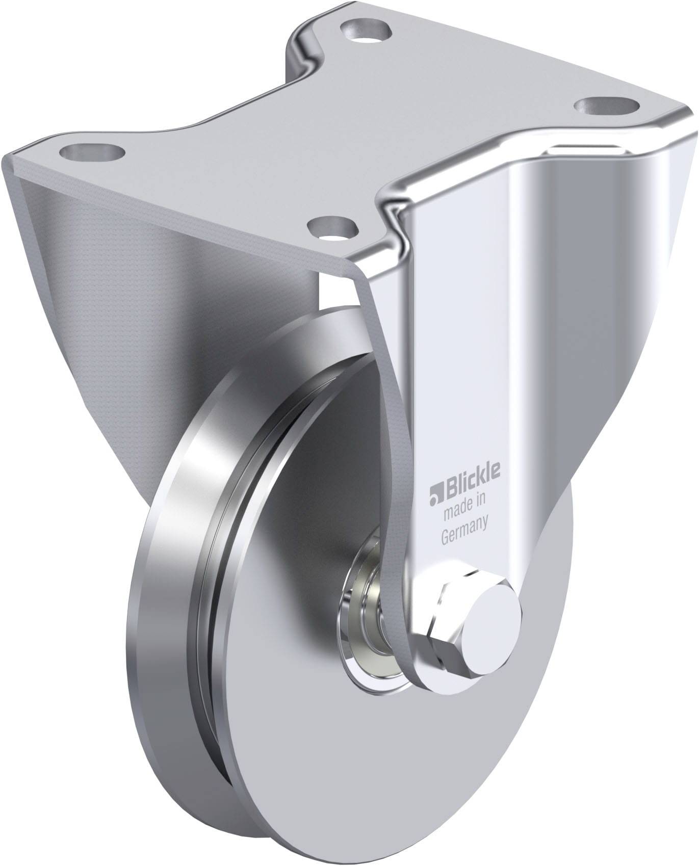 Ein Metalllenkrollenrad mit einer Halterung mit vier Löchern zur Befestigung; robustes Design, geeignet für schwere Lasten.
