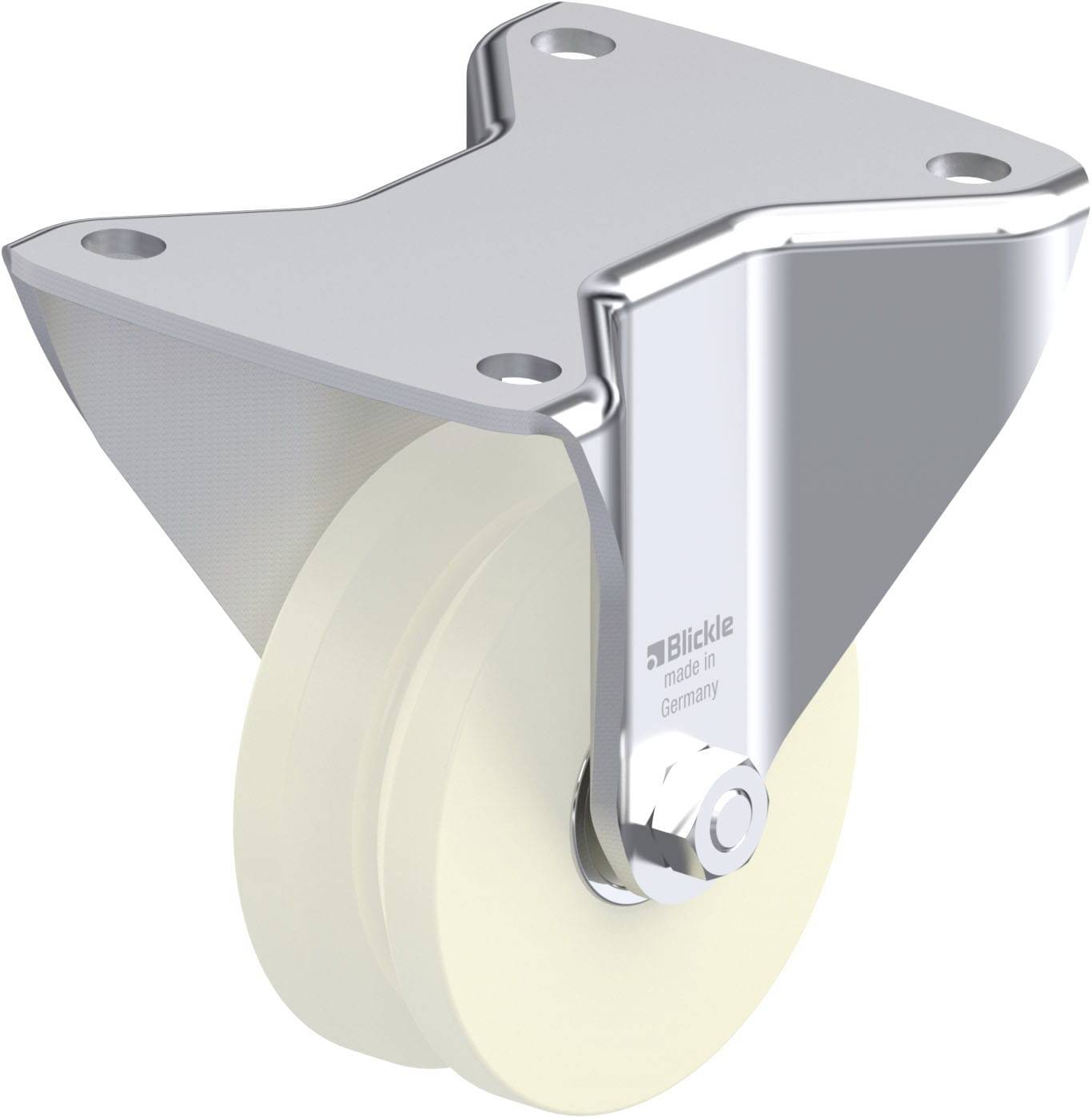 Rolle mit Metallhalterung, geeignet für schwere Lasten. Die Rolle hat ein starkes Gehäuse und ist für industrielle Anwendungen ausgelegt.