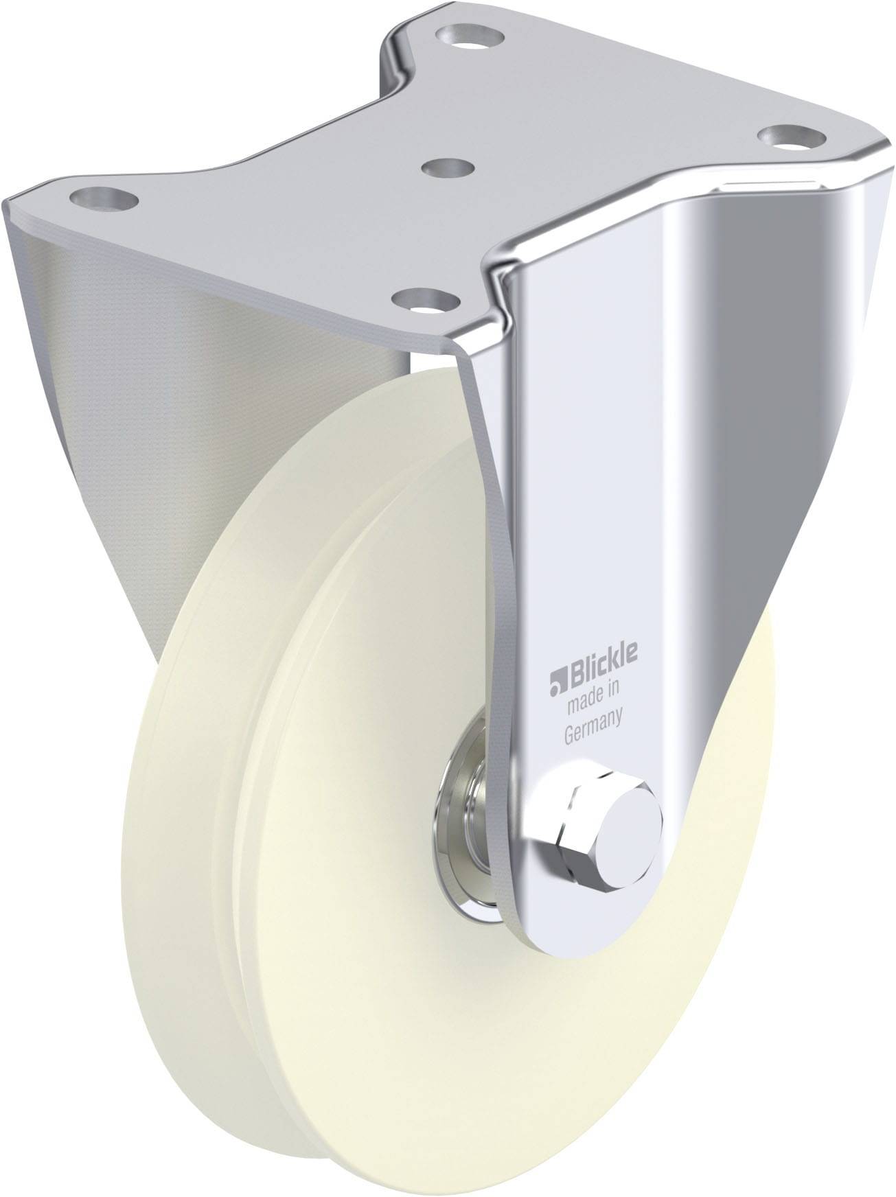 Metallrahmen mit montiertem Rad, Aufschrift 'Blickle made in Germany', geeignet für Transportwagen und ähnliche Anwendungen.
