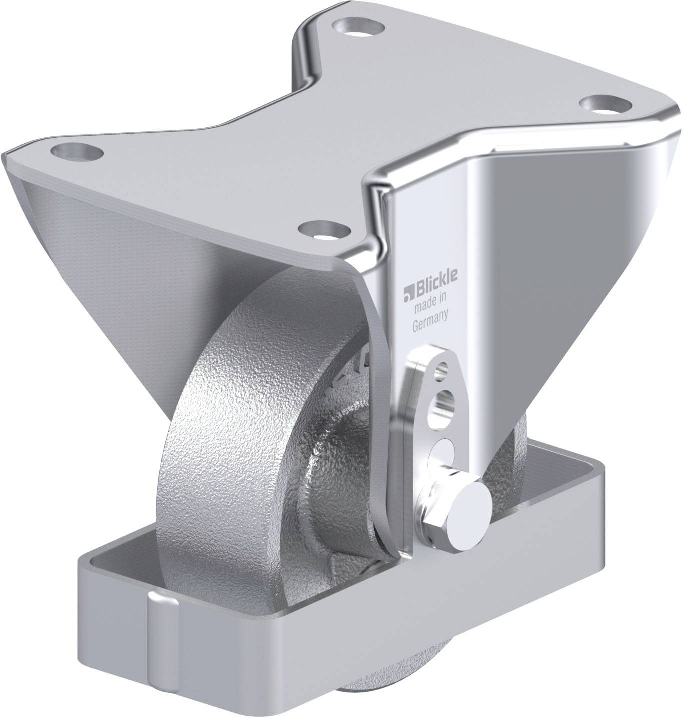 Industrie-Rollenhalter aus Metall, robustes Design, glänzende Oberfläche.