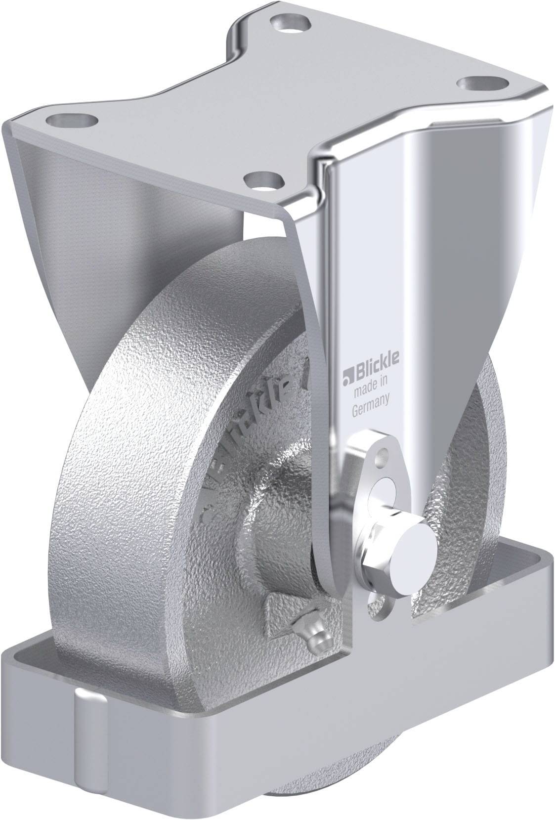 Schwerlastrolle mit Metallgehäuse und Kugellager, geeignet für Industriemaschinen. Markierung 'Blickle, made in Germany'.