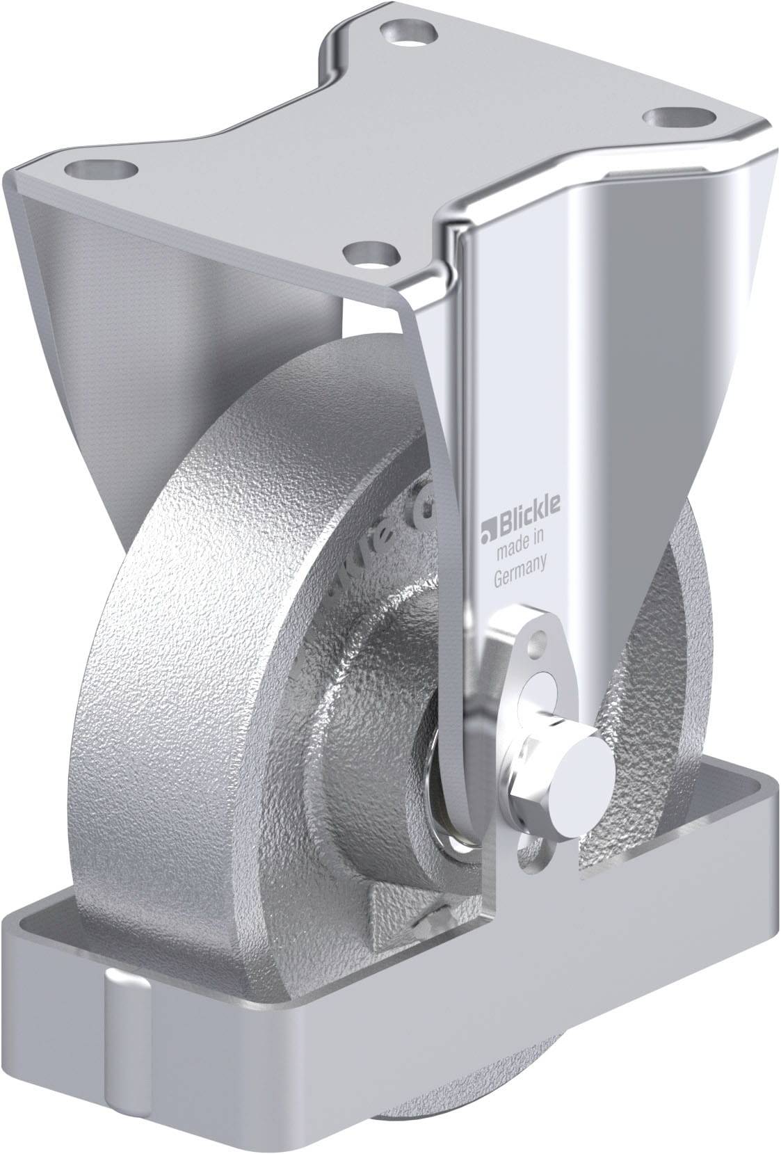 Schwenkrolle aus Metall mit rechteckiger Montageplatte, glänzende Oberfläche. Geeignet für industrielle Anwendungen und schwere Lasten.