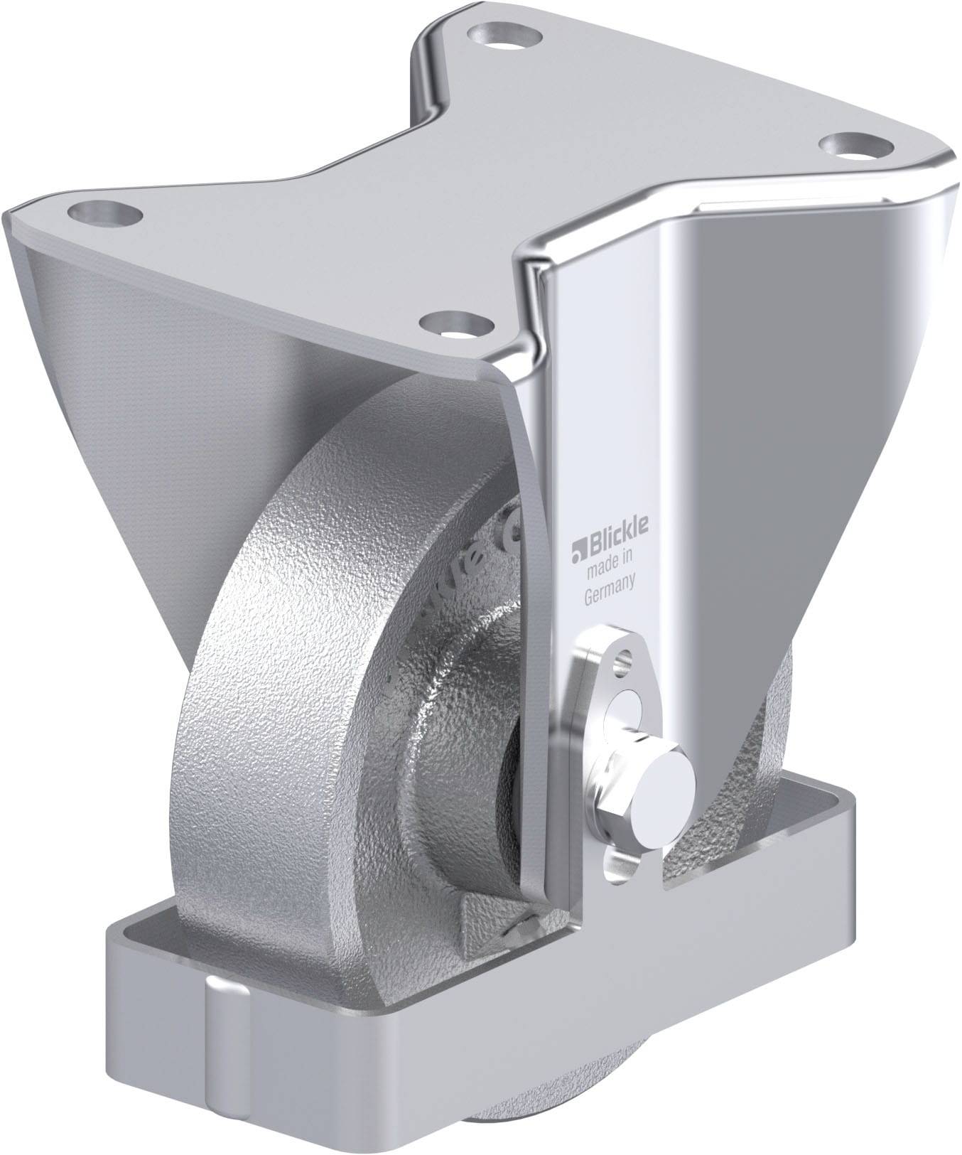 Industrie-Lenkrolle aus Metall; Blickle-Logo sichtbar.