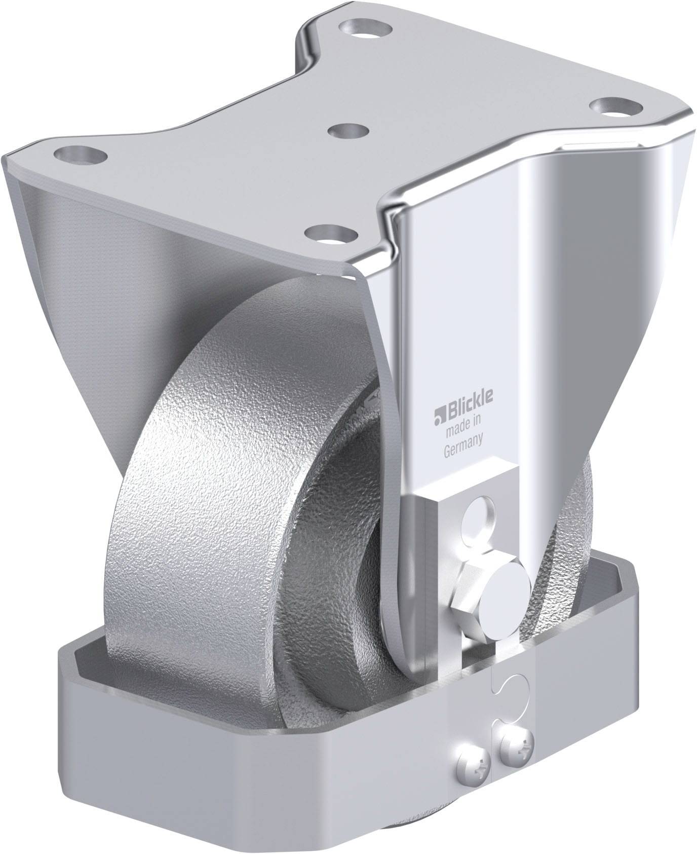 Eine silberne schwenkbare Rollenhalterung aus Metall mit einer rechteckigen Befestigungsplatte. Markiert mit 'Blickle Made in Germany'.