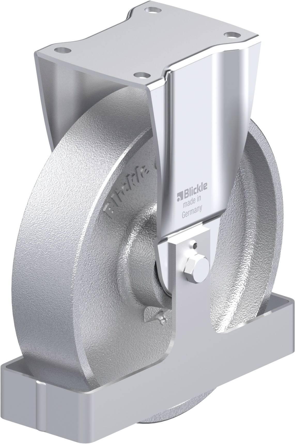 'Industrielles Schwungrad aus Metall mit glatter Oberfläche, montiert in einer Halterung; Aufschrift 