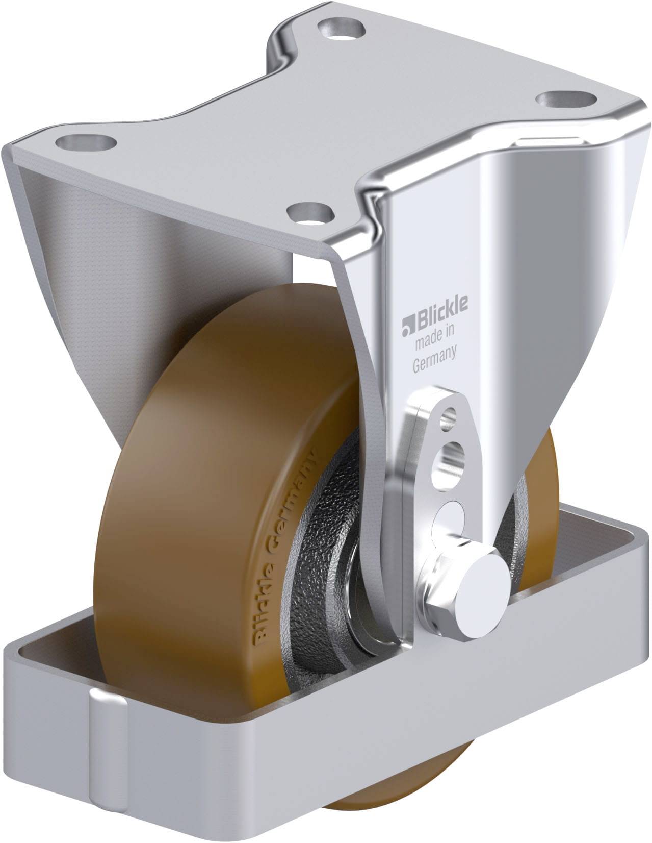 Drehbares Rollenrad aus Metall mit braunem Rad, geeignet für den industriellen Einsatz. Robust, mit montierbarer Platte.