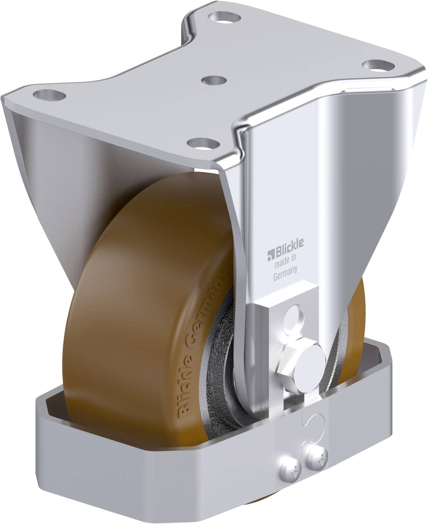 Industrie-Lenkrolle mit braunem, runden Rad und silberner Stahlhalterung, geeignet für schwere Lasten, von der Marke Blickle.