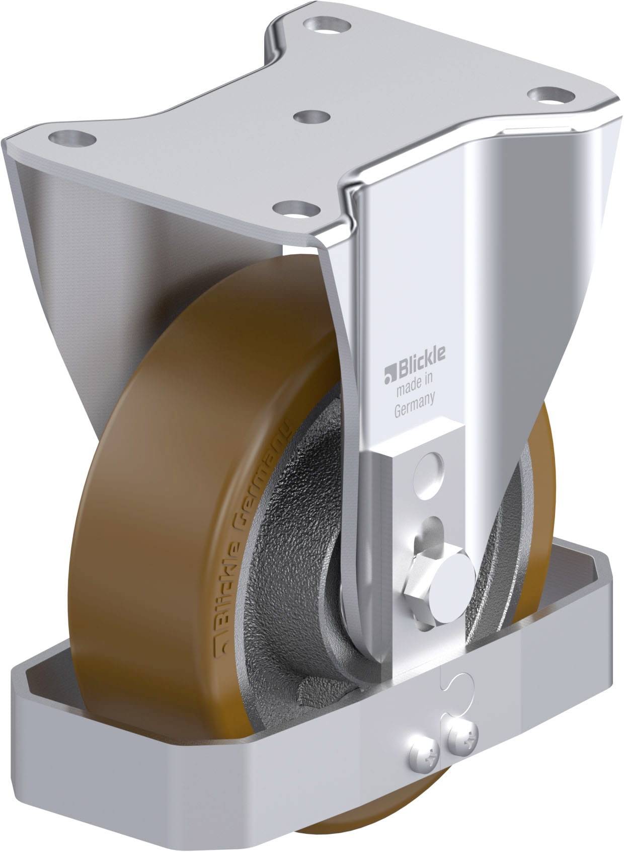 Industrie-Rad mit brauner Lauffläche und silberner Metallhalterung, für Schwerlastanwendungen.