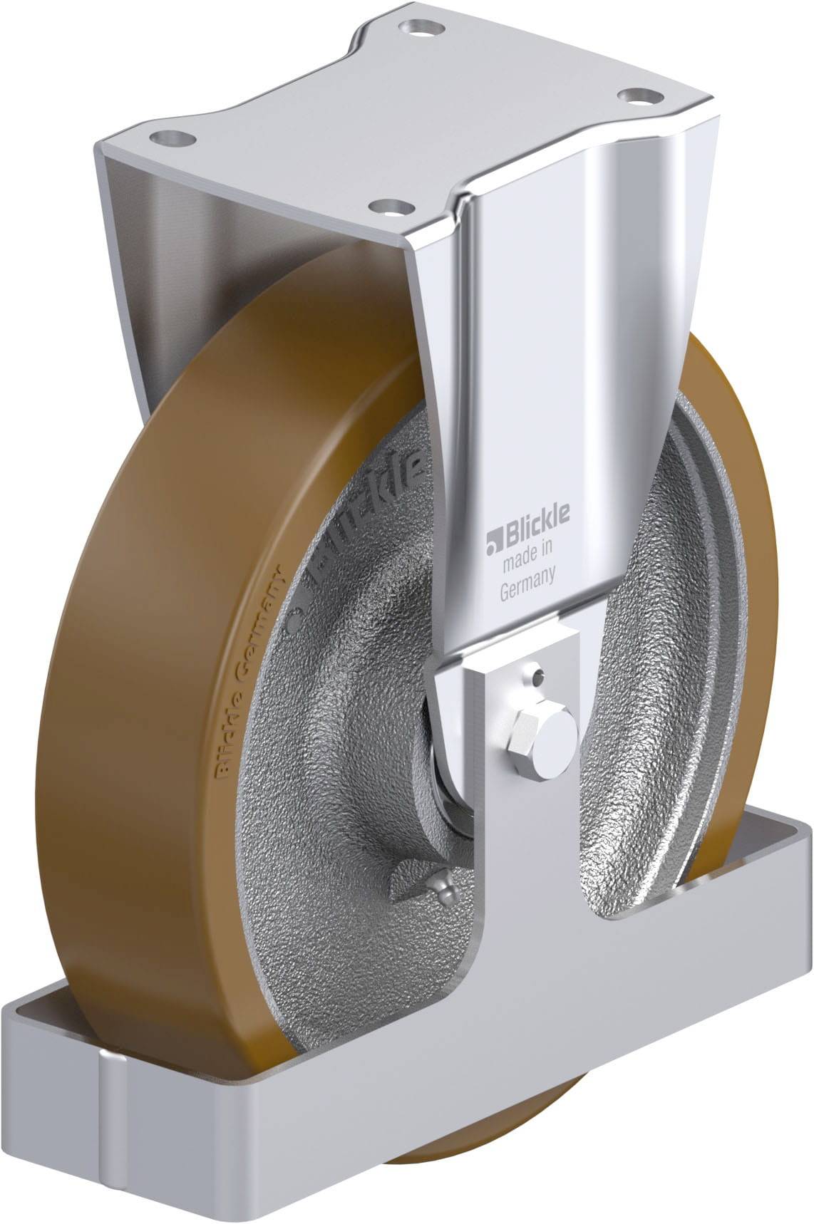 Industrie-Lenkrolle aus Metall mit braunem Rad, Aufschrift 'Blickle made in Germany'. Geeignet für schwere Maschinen.
